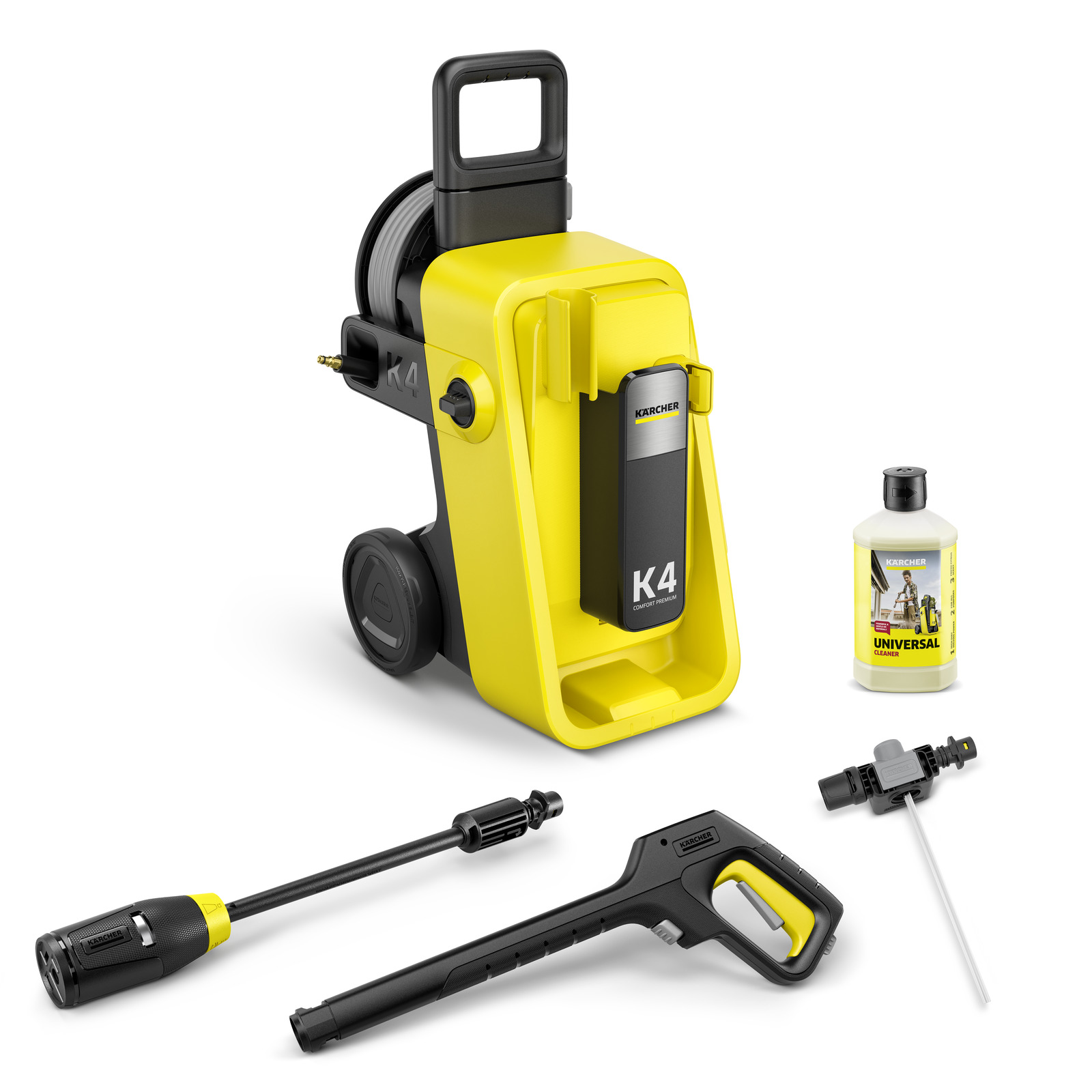 Kärcher K4 high-pressure cleaner with accessories, including a spray gun, nozzle, detergent bottle, and hose connector, on a white background.