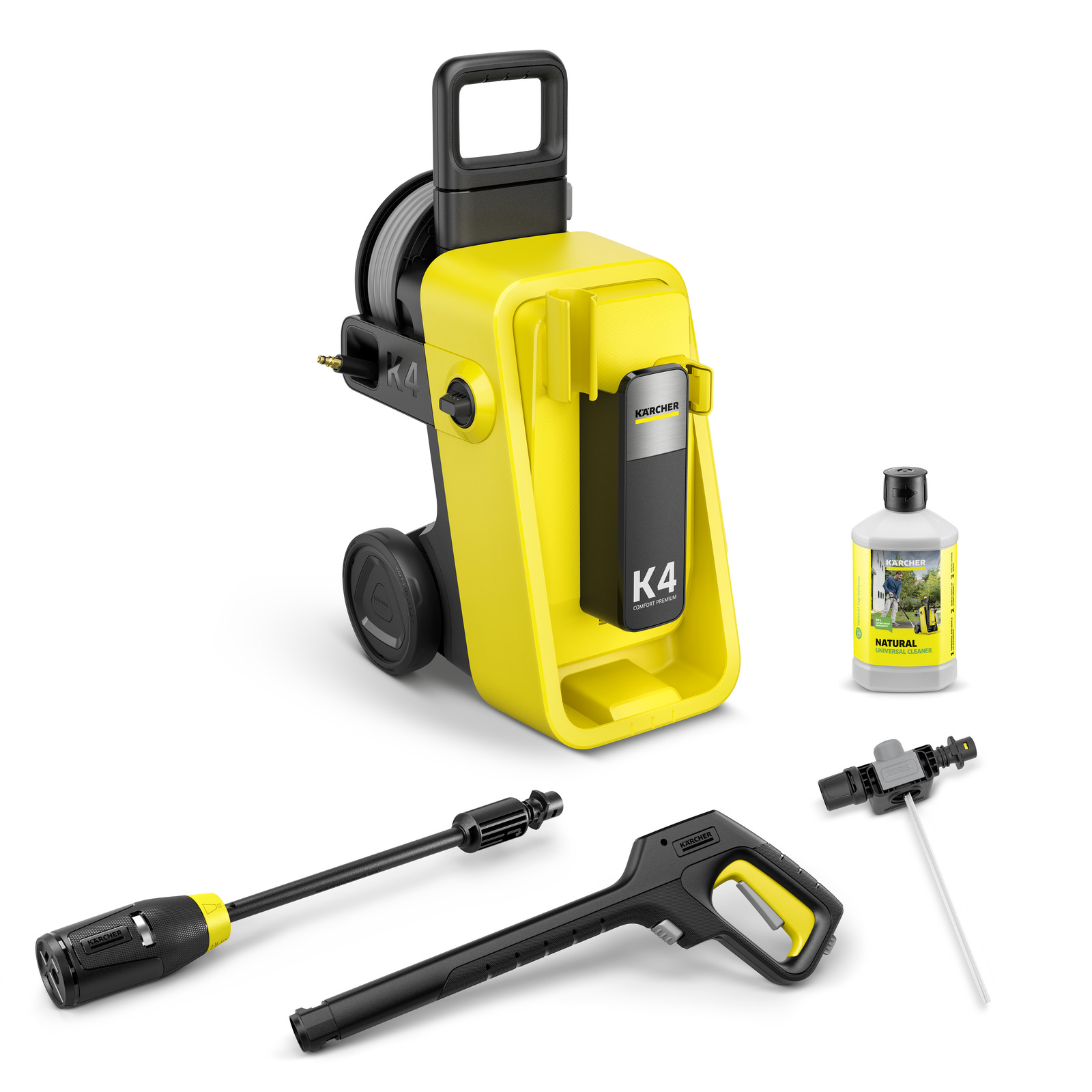 Kärcher K4 high-pressure cleaner with accessories including a spray gun, nozzle, detergent bottle, and hose connector.