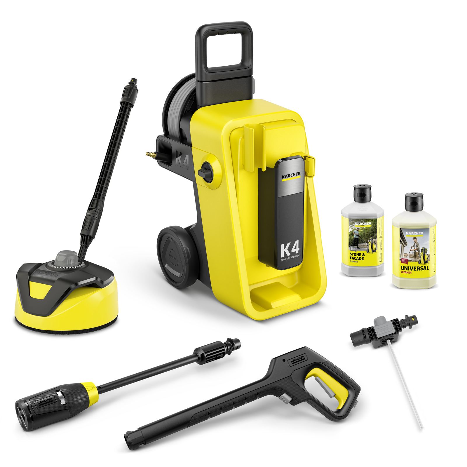 Kärcher K4 high-pressure cleaner set with accessories, including a surface cleaner, detergent bottles, spray gun, and hose attachment.
