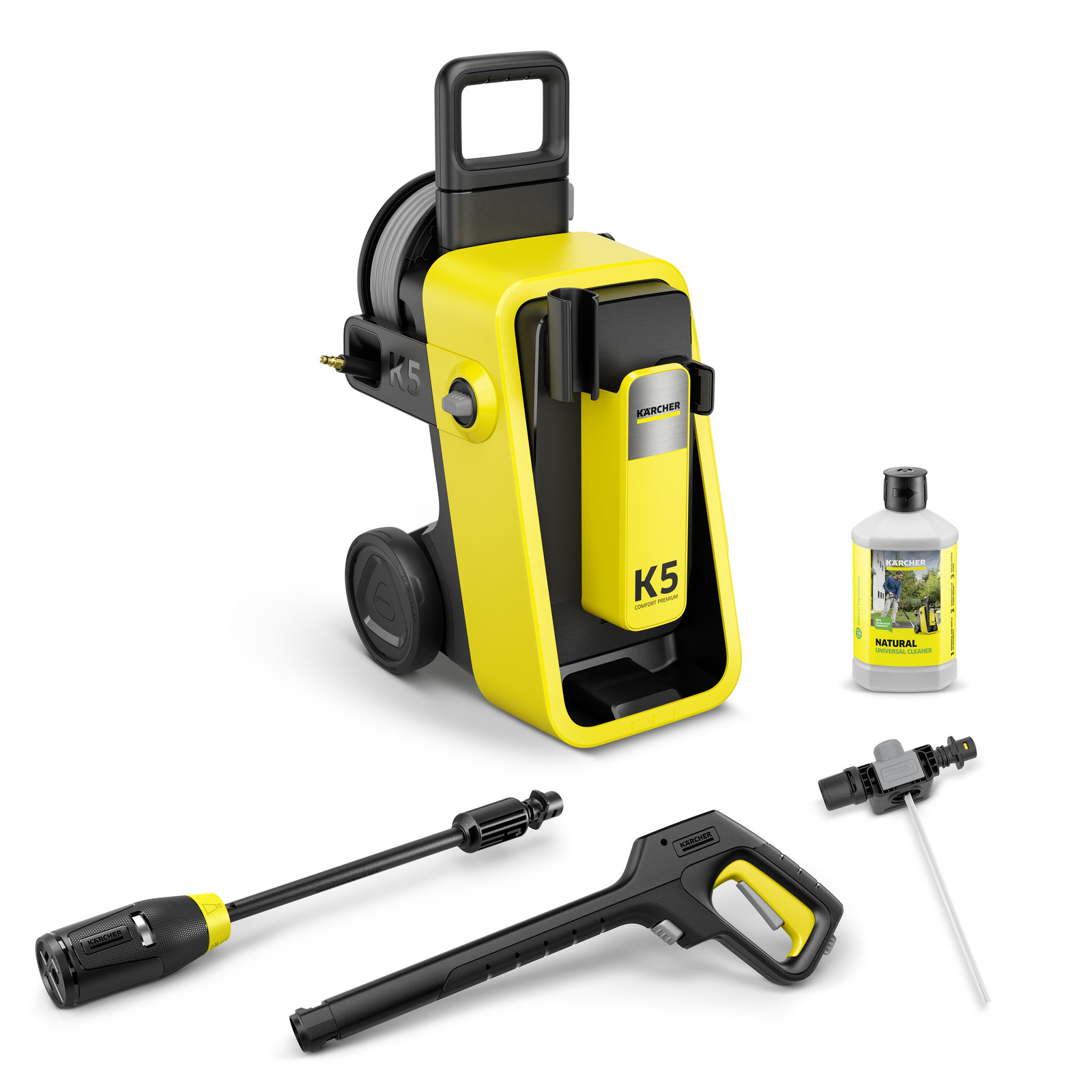 Kärcher K5 high-pressure cleaner with accessories including a spray gun, nozzle, detergent bottle, and hose attachment.