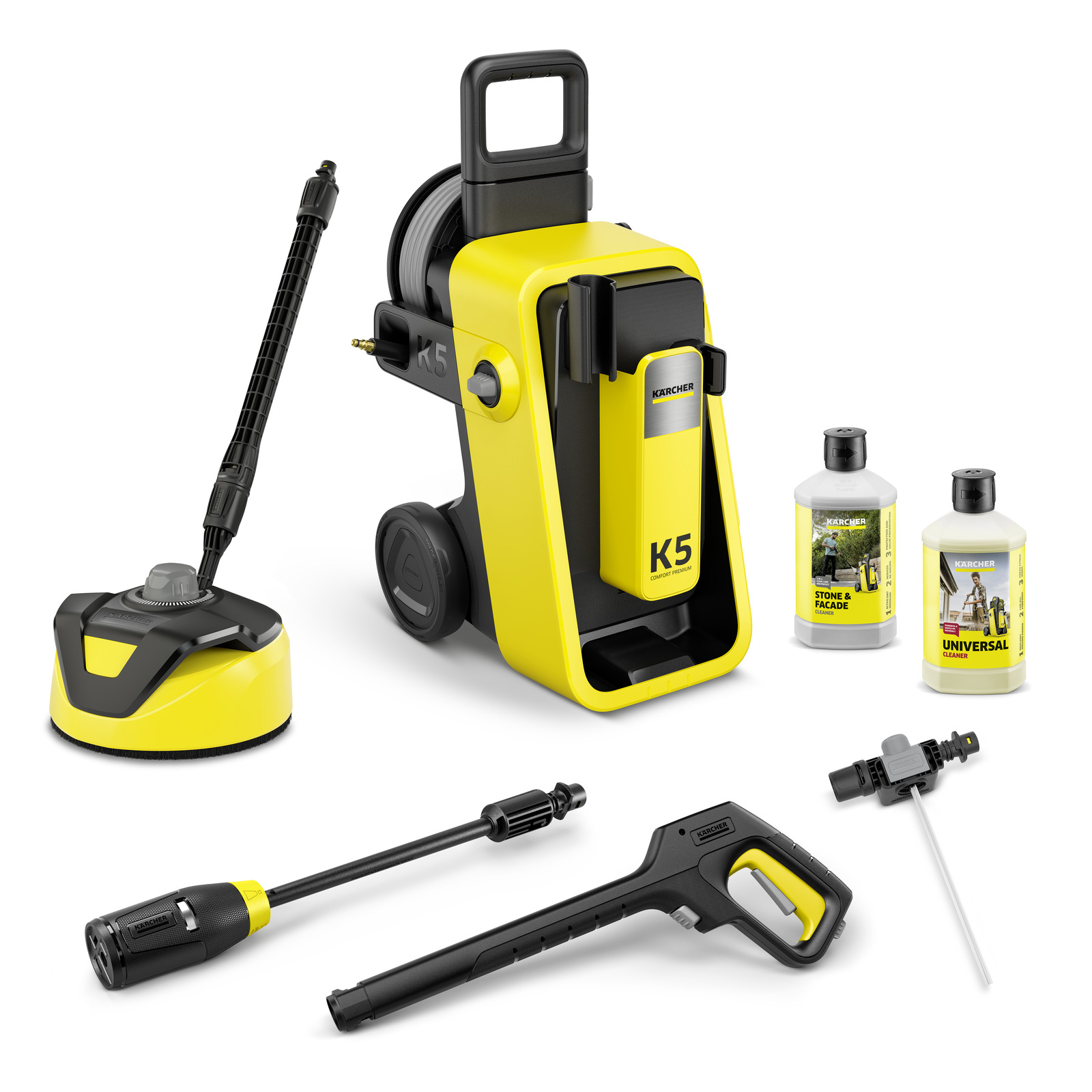 Curățător cu presiune Kärcher K5, accesorii de curățare, două sticle de detergent, fundal alb. Curățător cu presiune Kärcher K5, accesorii de curățare, două sticle de detergent, fundal alb.