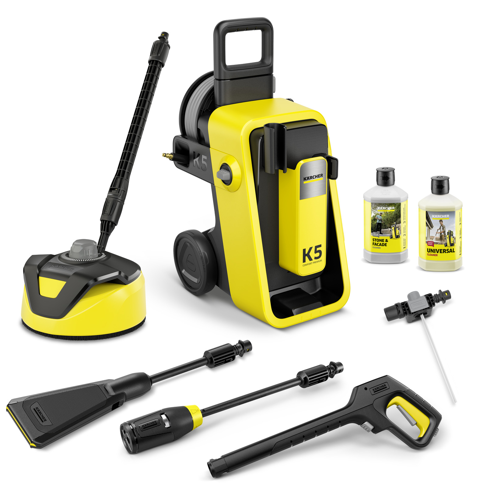 Kärcher K5 high-pressure cleaner set with accessories, including spray gun, nozzles, surface cleaner, and detergent bottles.