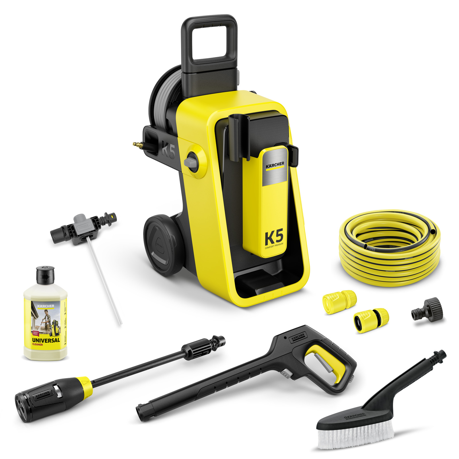 Aspirator Kärcher K5 galben cu accesorii: furtun, perie, detergent, pistol de presiune și duze, pe fundal alb.