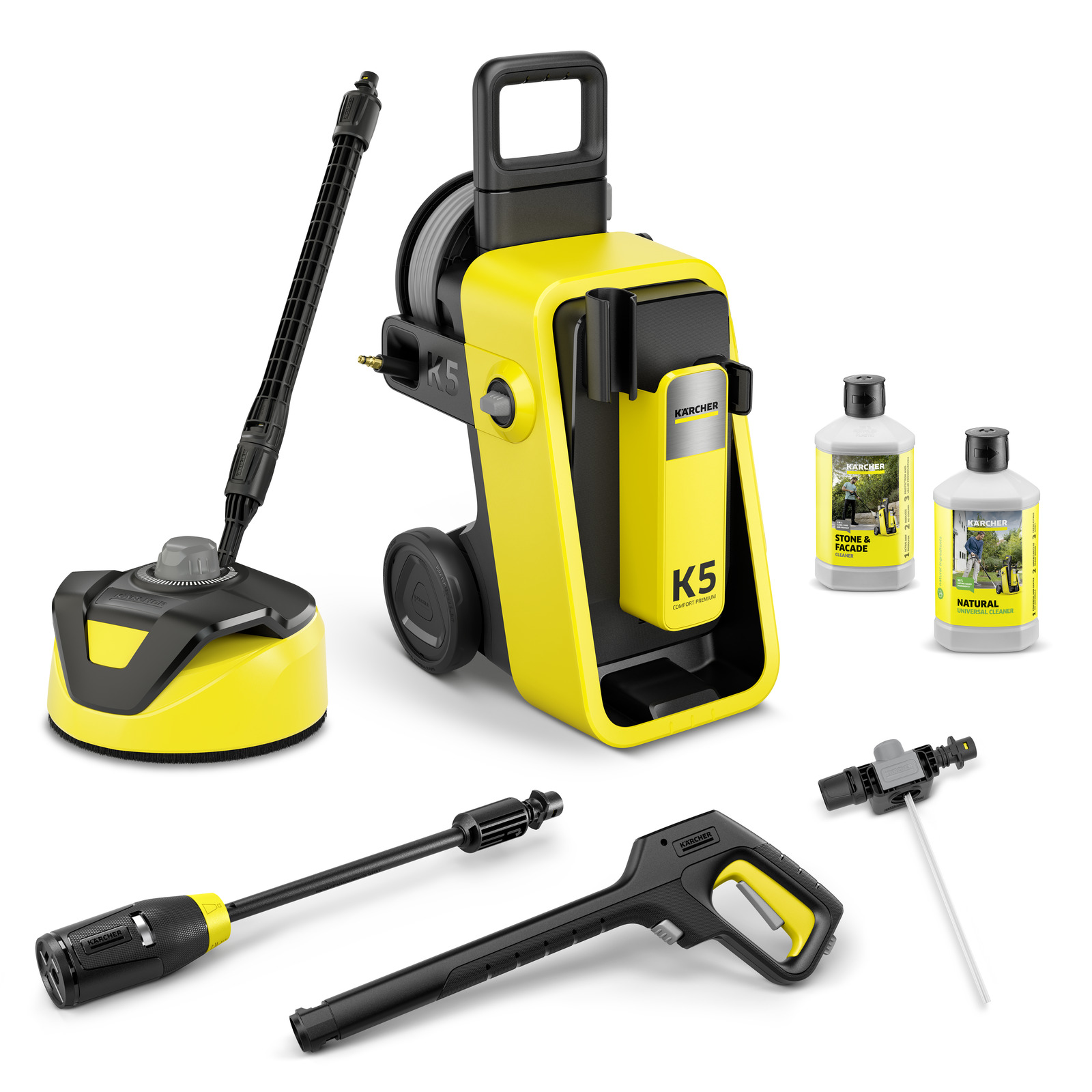 Kärcher K5 high-pressure cleaner set with attachments, surface cleaner, detergent bottles, and spray gun on a white background.