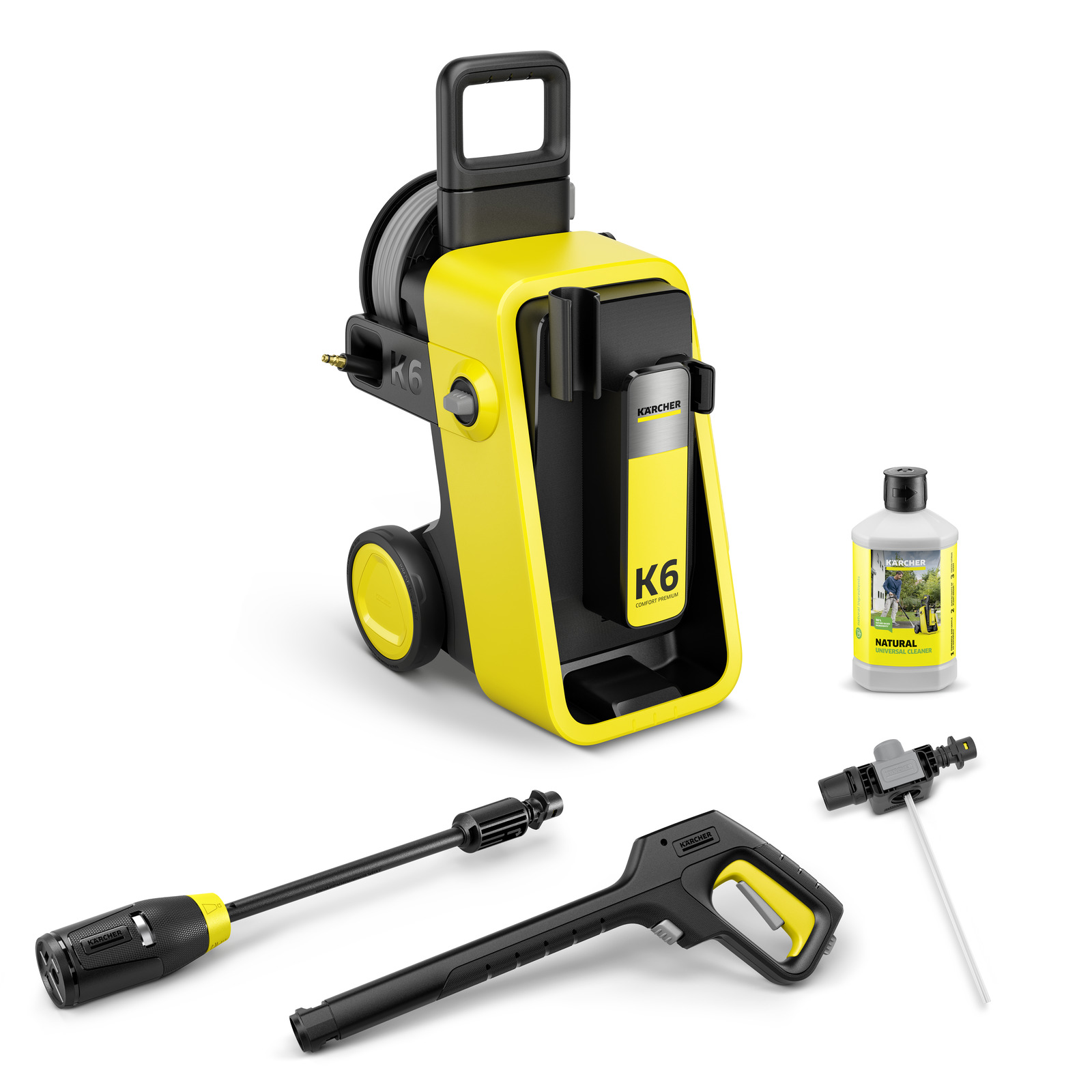 Kärcher K6 high-pressure cleaner with accessories including a spray gun, nozzle, detergent bottle, and hose connector.