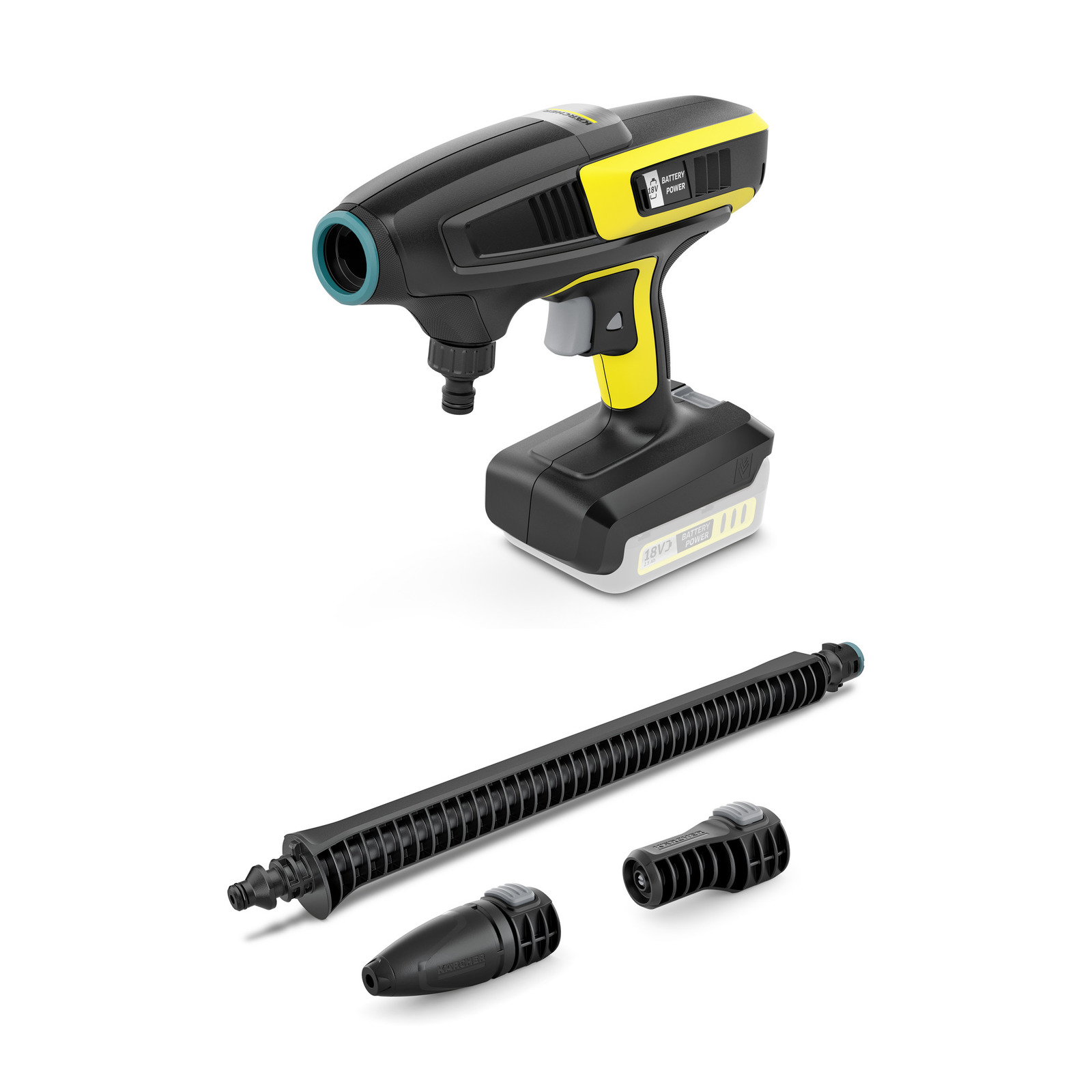 Curățător cu presiune Kärcher cu baterie, negru și galben, cu trei accesorii de duze.