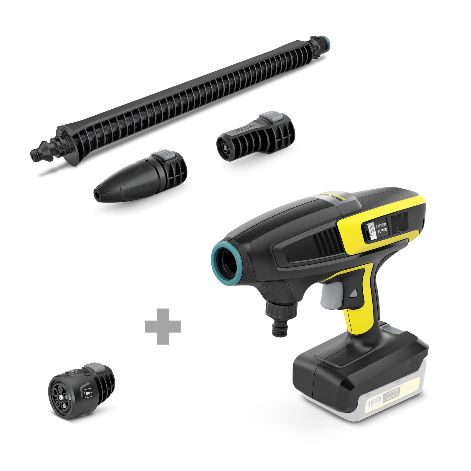 Kärcher handheld cleaner with various nozzles and attachments, including a long extension tube and a rotating brush head.