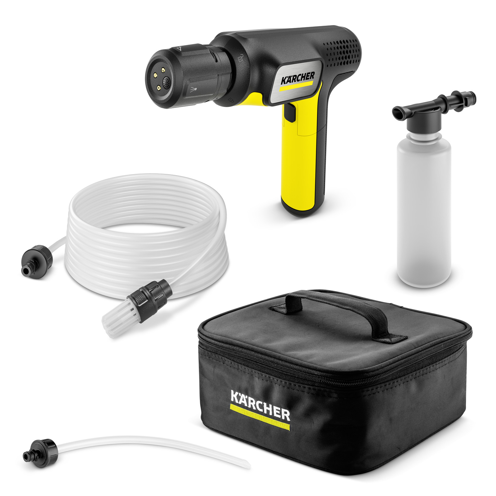 Kärcher battery-powered cleaner set with hose, spray bottle, and black carrying case on a white background. Kärcher battery-powered cleaner set with hose, spray bottle, and black carrying case on a white background.
