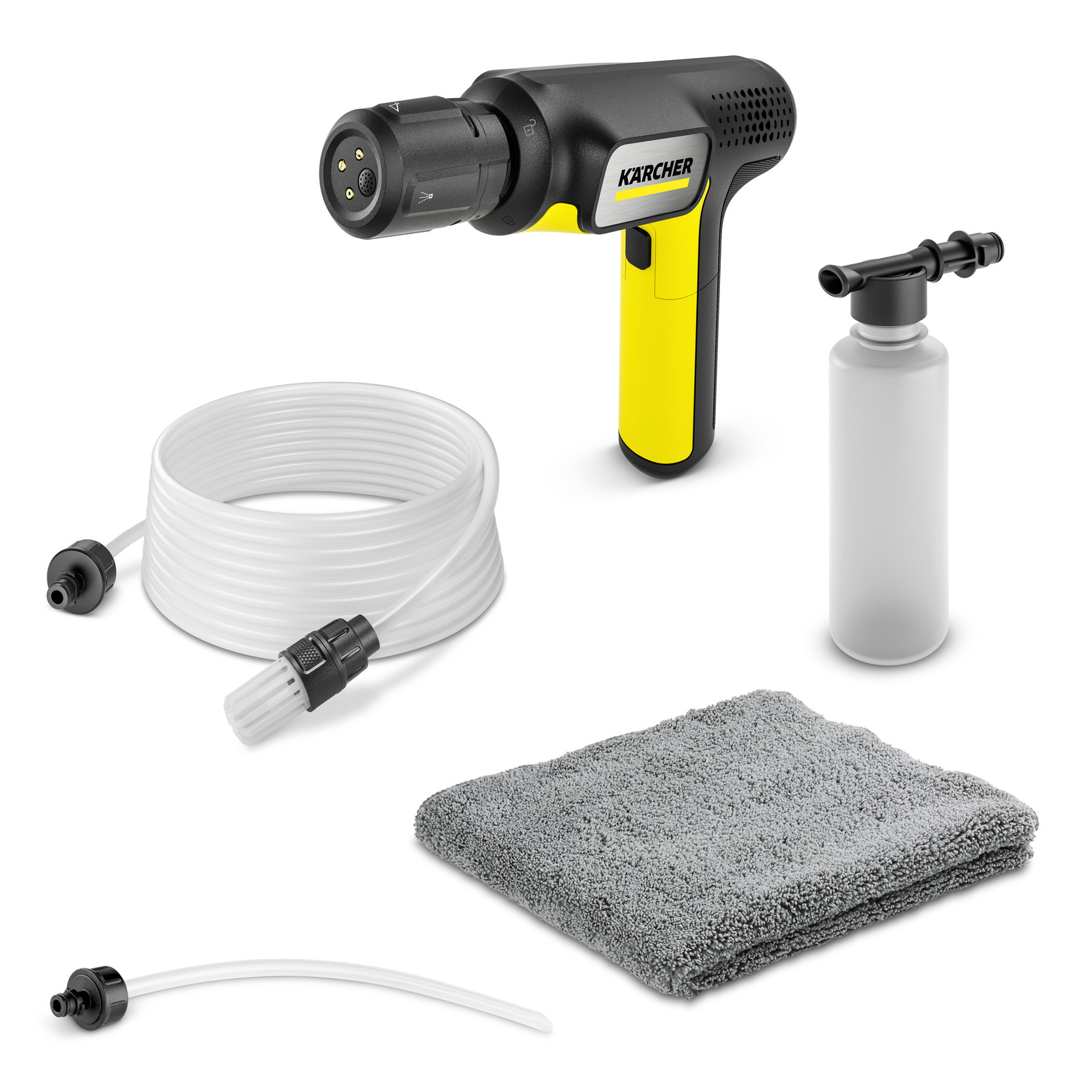 Kärcher handheld cleaner set with nozzle, white hose, spray bottle, grey cloth, and small connector, arranged on a white background.