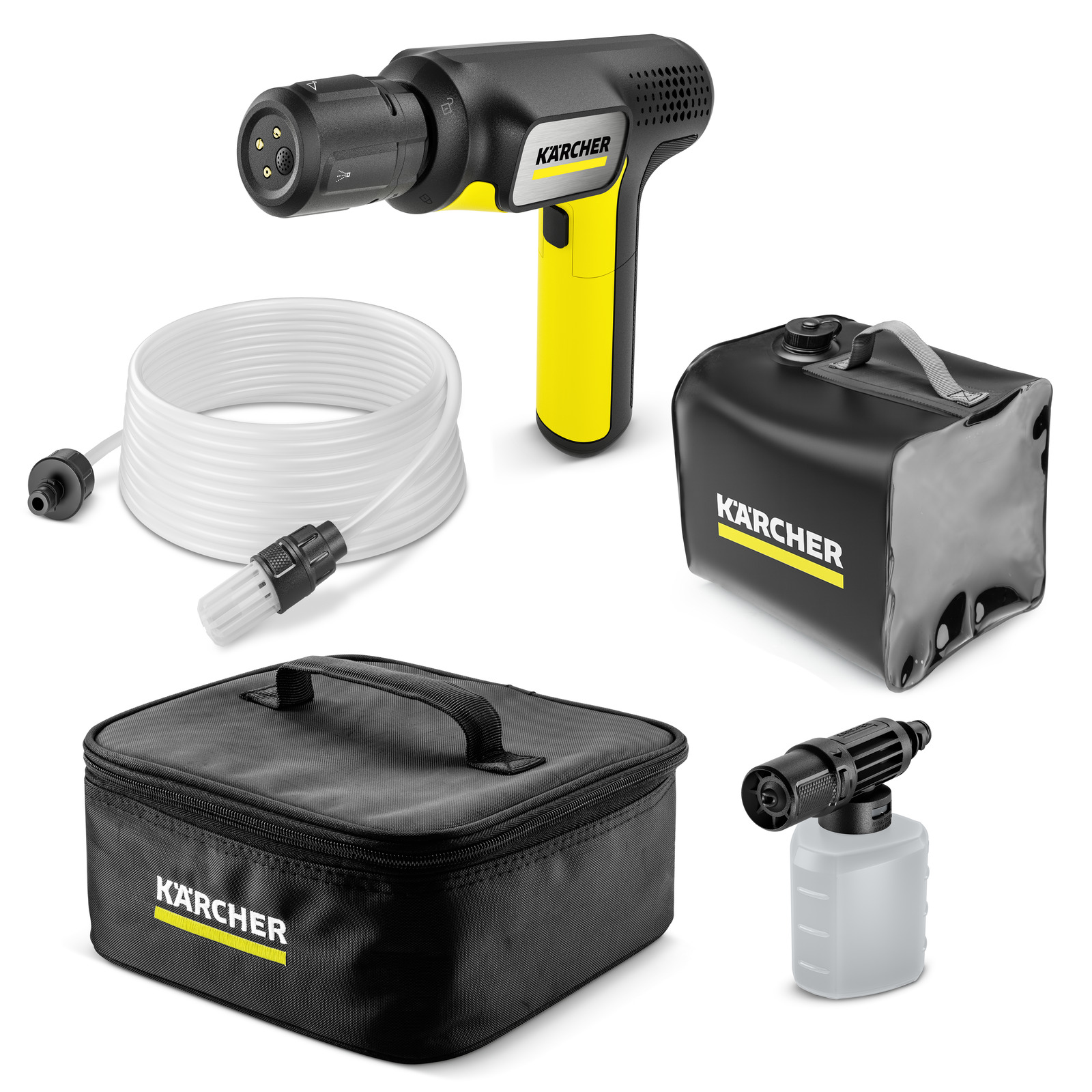 Kärcher battery-powered pressure washer with accessories including hose, spray bottle, and two black storage bags.