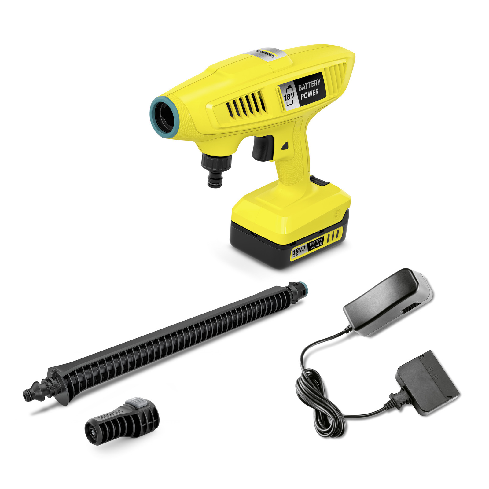 Yellow Kärcher battery-powered pressure washer with accessories, including a nozzle, extension lance, and charger on a white background.