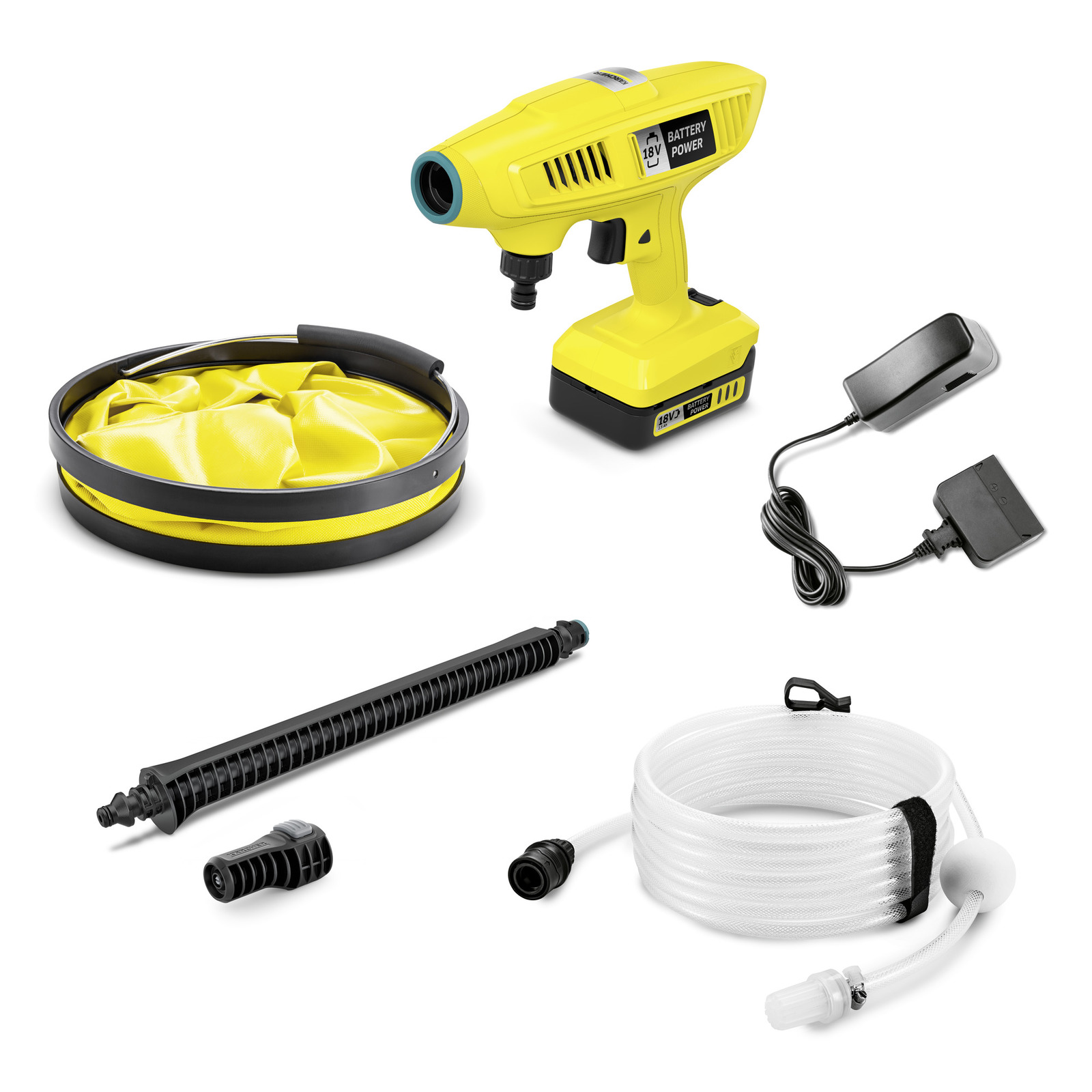 Set de curățare Kärcher, include pistol de curățare galben, furtun alb, adaptor negru și încărcător. Set de curățare Kärcher, include pistol de curățare galben, furtun alb, adaptor negru și încărcător.