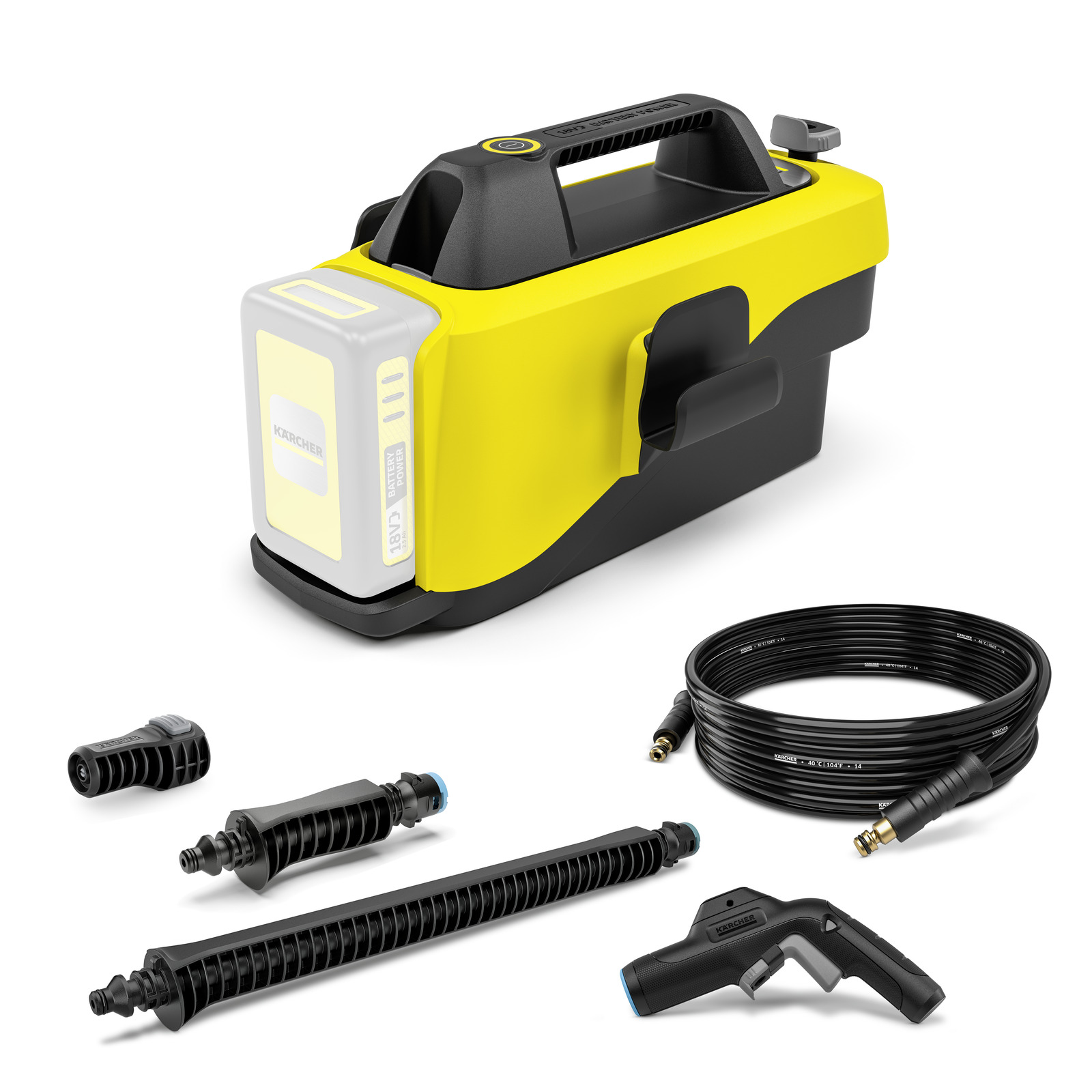 Aspirator Kärcher portabil galben cu accesorii: furtun, duze și pistol de pulverizare.