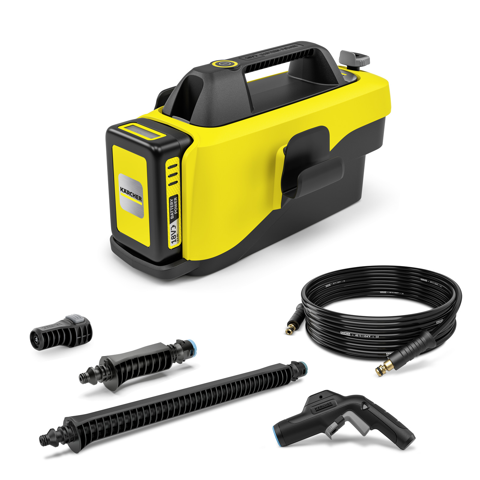 Aspirator Kärcher portabil galben cu accesorii: furtun negru, lance și duze.