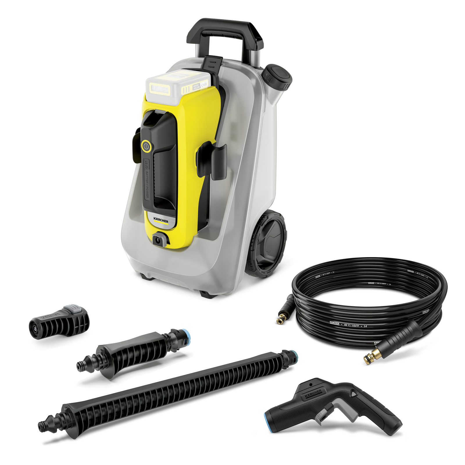 Kärcher high-pressure cleaner with yellow casing, hose, spray gun, and various attachments on a white background.
