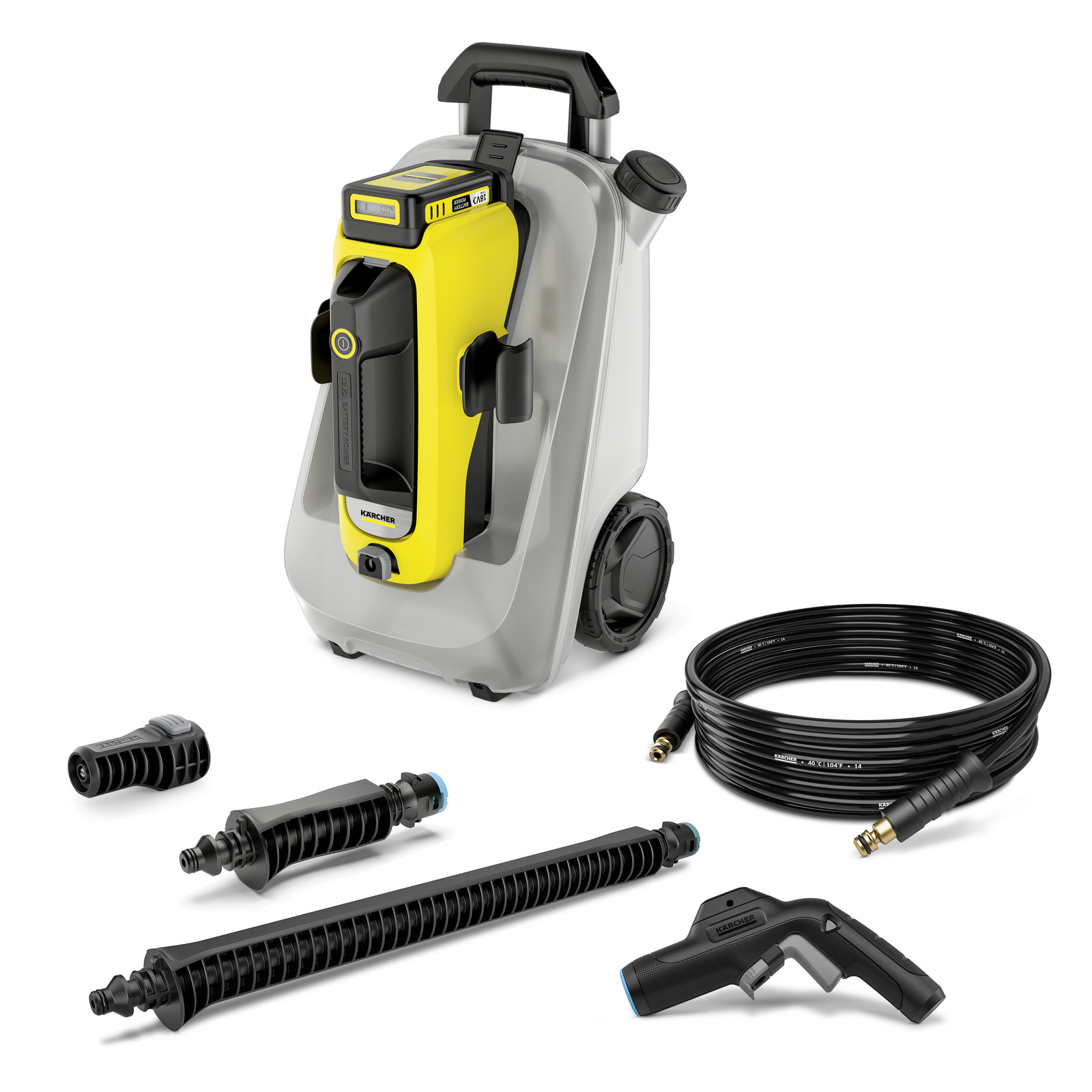 Kärcher high-pressure cleaner with hose, spray gun, and various nozzles on a white background.