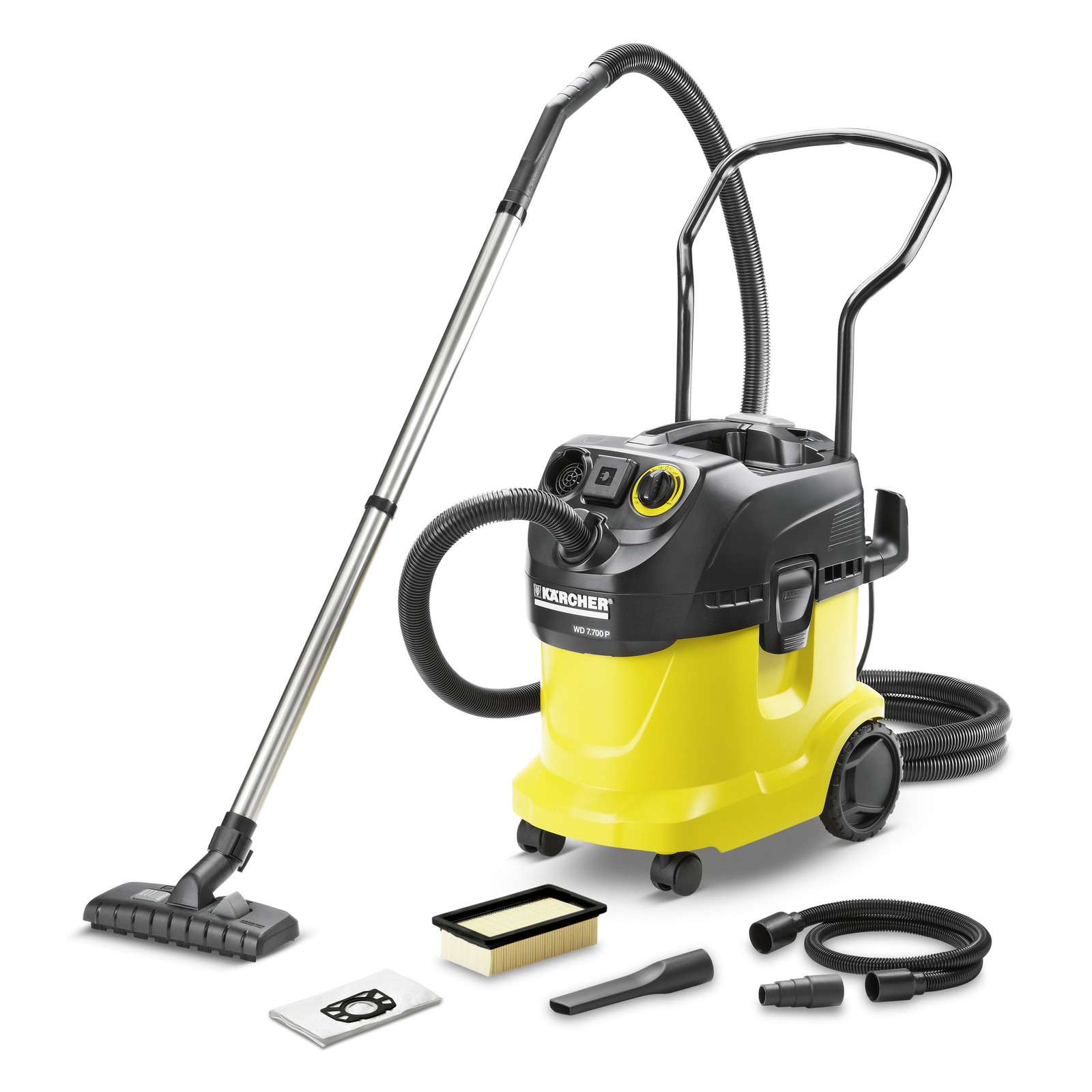 Kärcher WD 7.700 P vacuum cleaner with hose, nozzle, filter, and accessories on a white background. Kärcher WD 7.700 P vacuum cleaner with hose, nozzle, filter, and accessories on a white background.