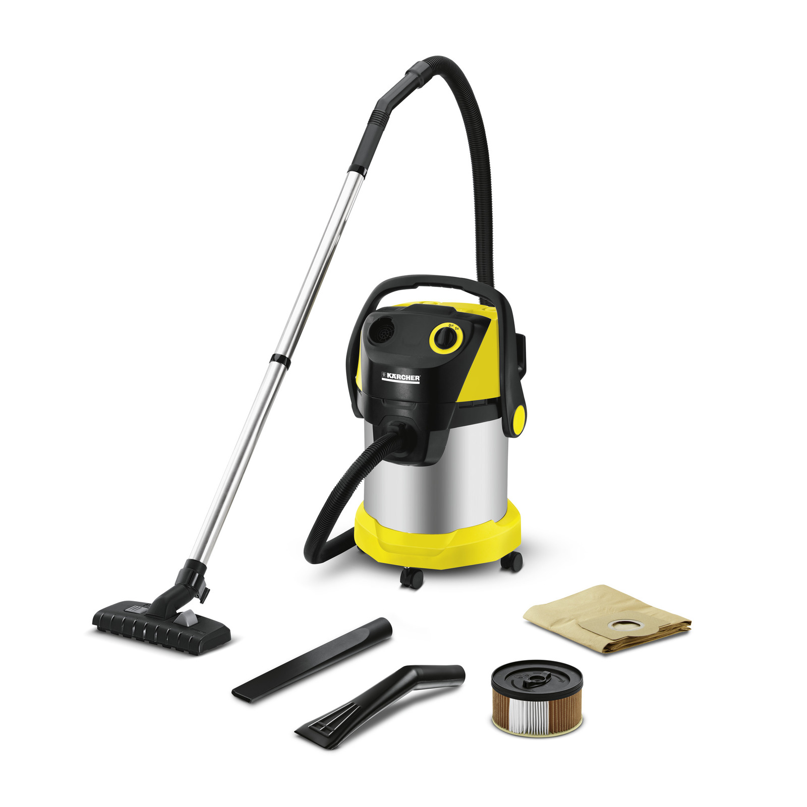 Aspirator Kärcher cu accesorii: duze, sac de praf și filtru, pe fundal alb. Aspirator Kärcher cu accesorii: duze, sac de praf și filtru, pe fundal alb.