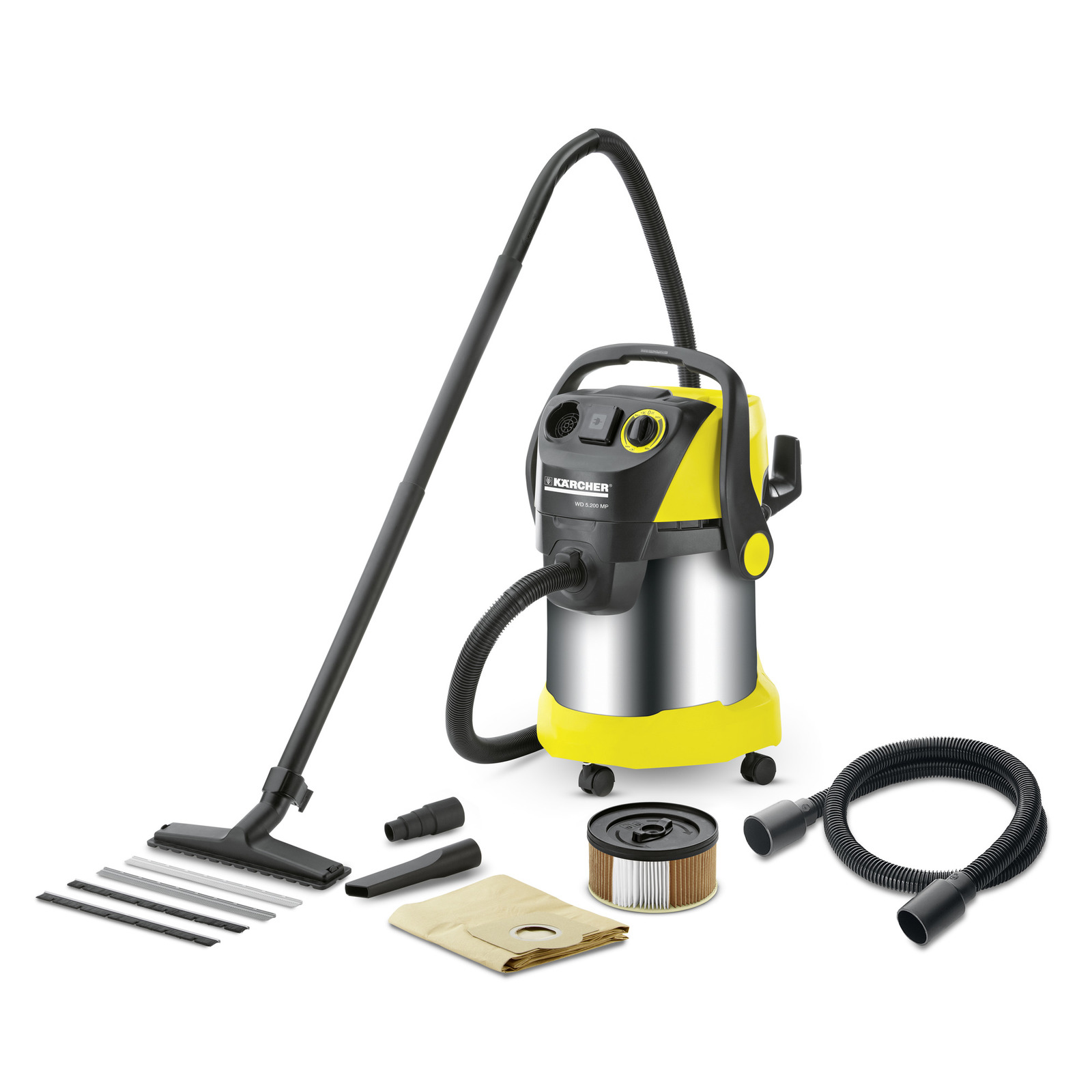Kärcher wet and dry vacuum cleaner with hose, filter, dust bag, and accessories on a white background.