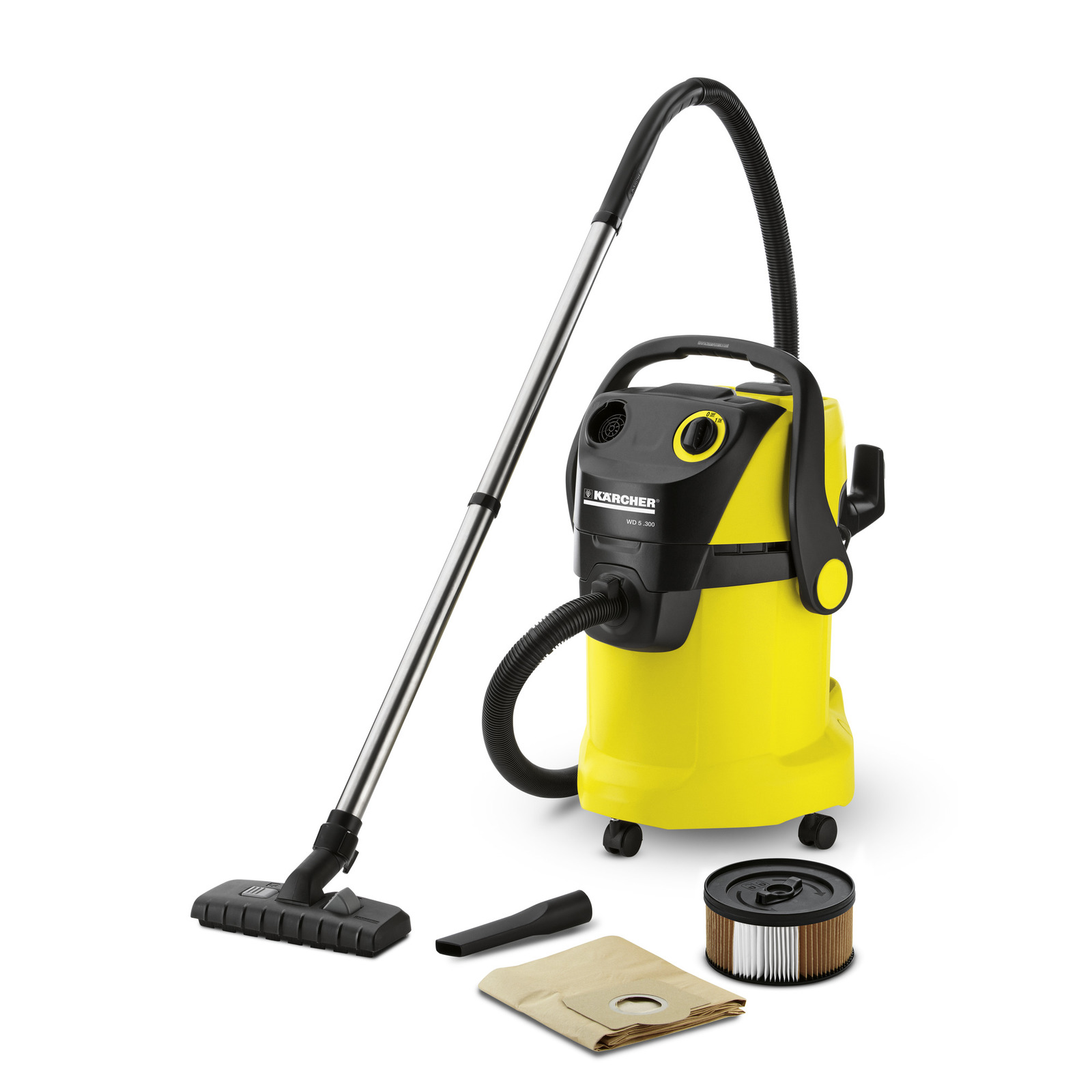 Kärcher wet and dry vacuum cleaner with hose, floor nozzle, crevice tool, filter, and dust bag on white background. Kärcher wet and dry vacuum cleaner with hose, floor nozzle, crevice tool, filter, and dust bag on white background.