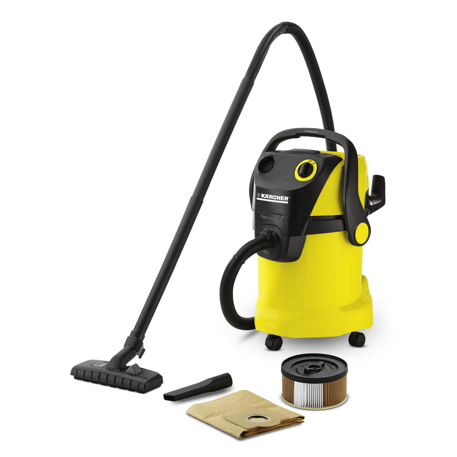 Yellow Kärcher wet and dry vacuum cleaner with hose, nozzle, filter, and dust bag on white background. Yellow Kärcher wet and dry vacuum cleaner with hose, nozzle, filter, and dust bag on white background.