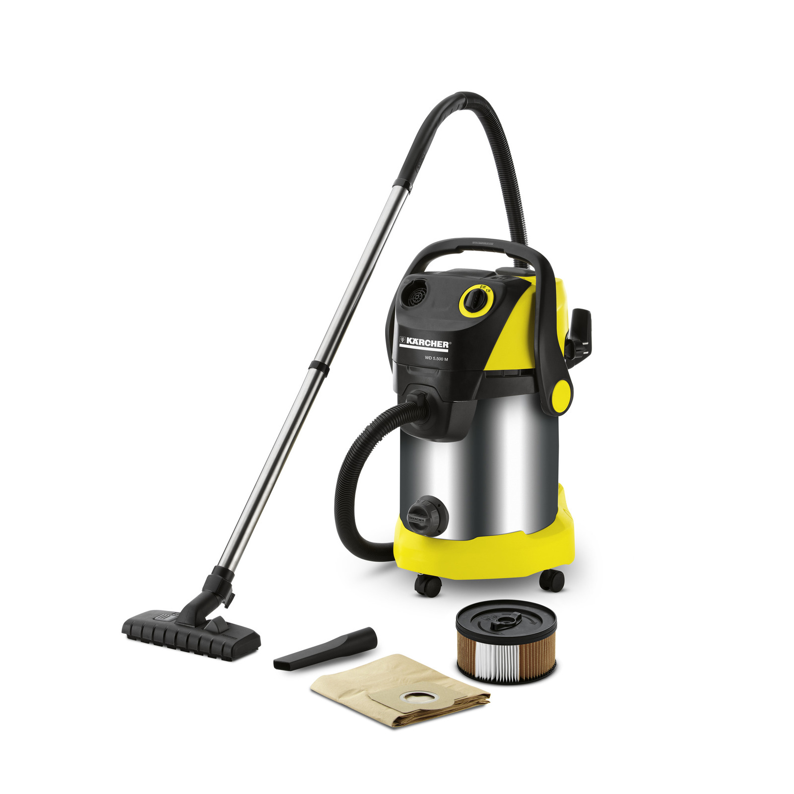 Kärcher wet and dry vacuum cleaner with hose, floor nozzle, filter, and dust bag on white background. Kärcher wet and dry vacuum cleaner with hose, floor nozzle, filter, and dust bag on white background.