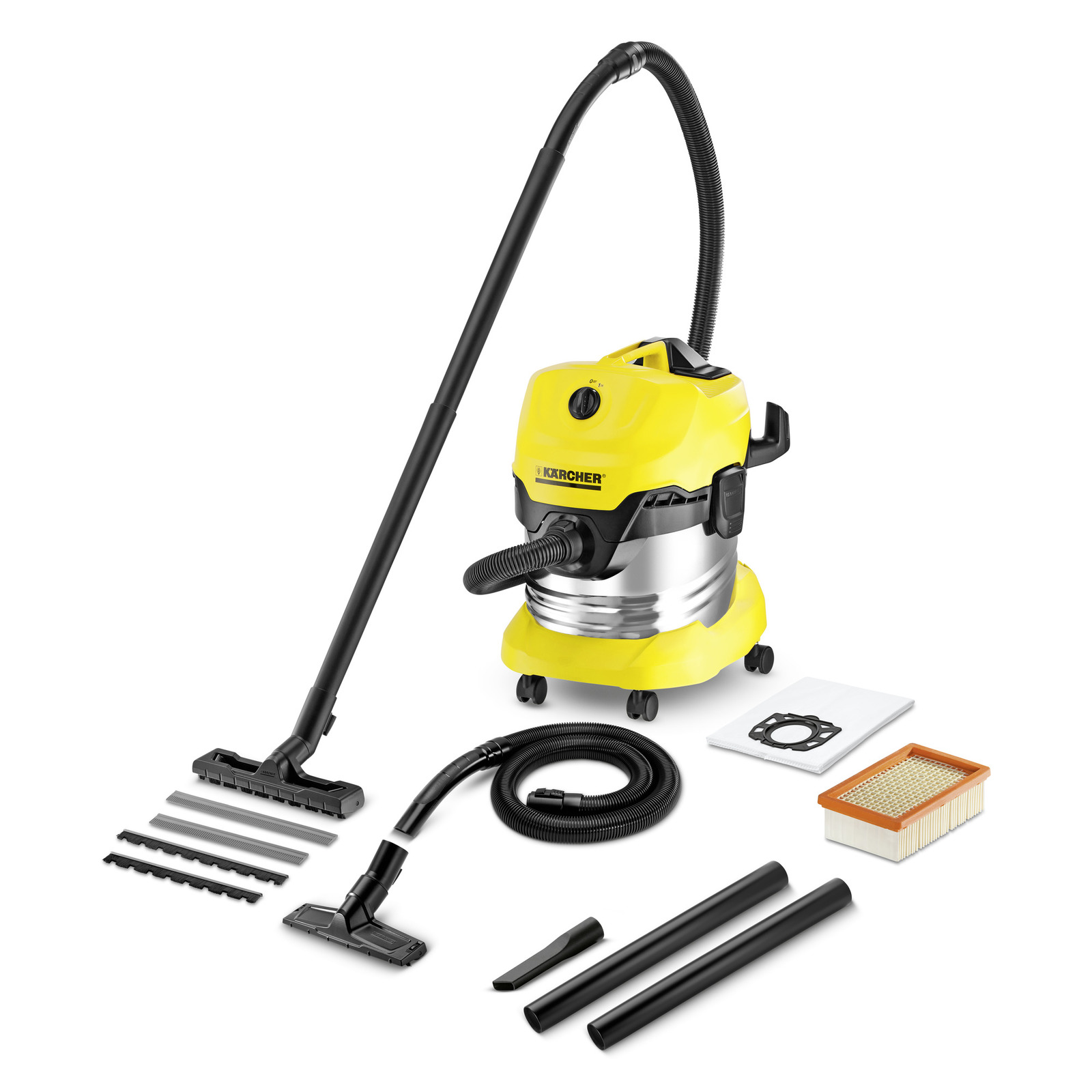 Kärcher wet and dry vacuum cleaner with accessories including hoses, filters, and nozzles, displayed on a white background.