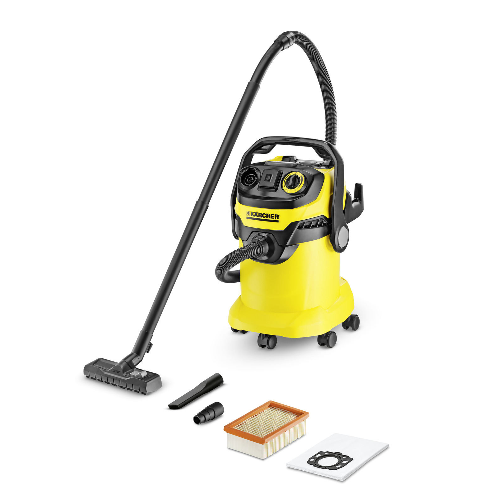 Kärcher wet and dry vacuum cleaner with hose, floor nozzle, filter, dust bag, and accessories on white background.