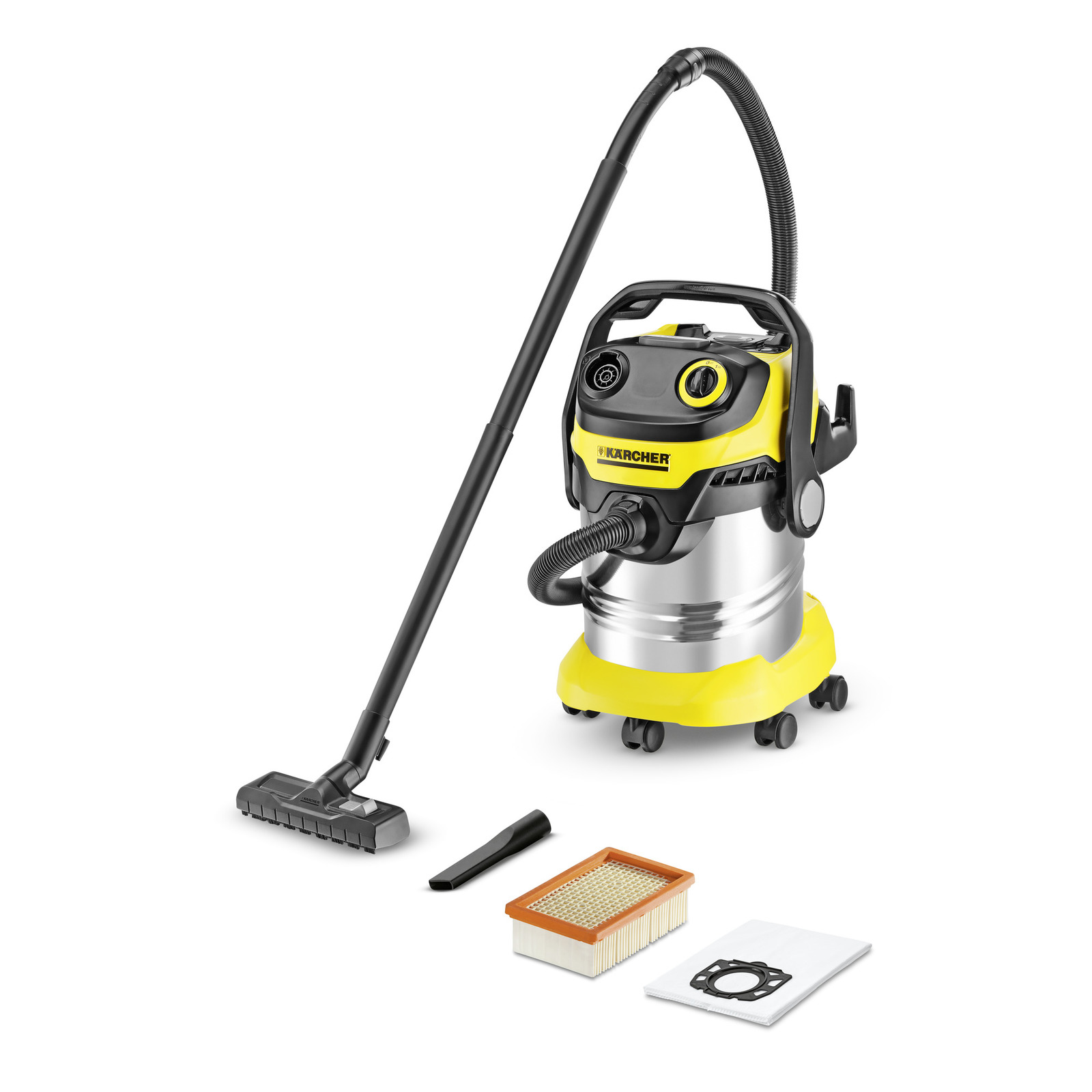 Aspirator Kärcher cu accesorii: duză, filtru și sac. Design galben-negru, recipient metalic, roți pentru mobilitate. Aspirator Kärcher cu accesorii: duză, filtru și sac. Design galben-negru, recipient metalic, roți pentru mobilitate.