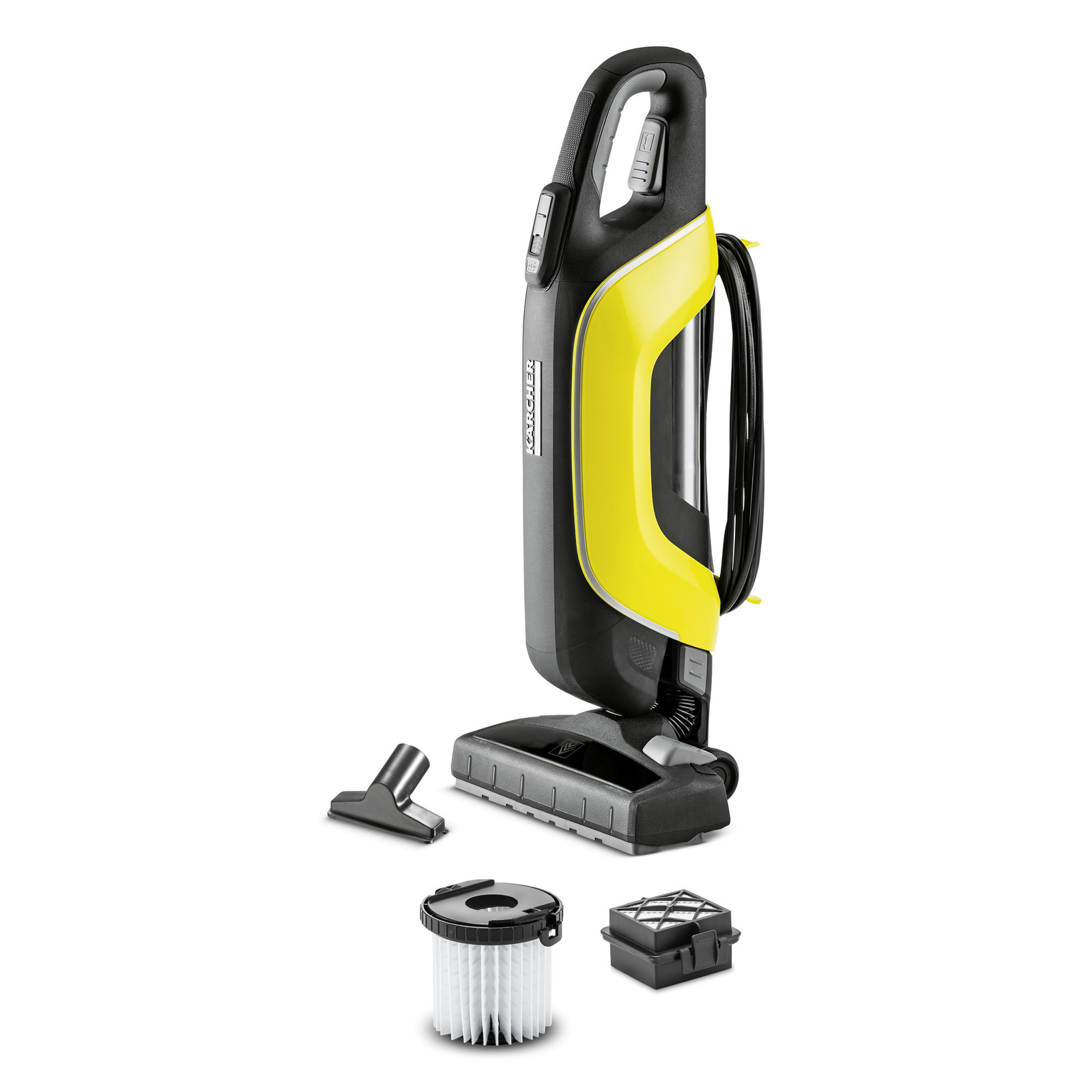 Aspirator vertical Kärcher cu accesorii, inclusiv duză și filtre, pe fundal alb.