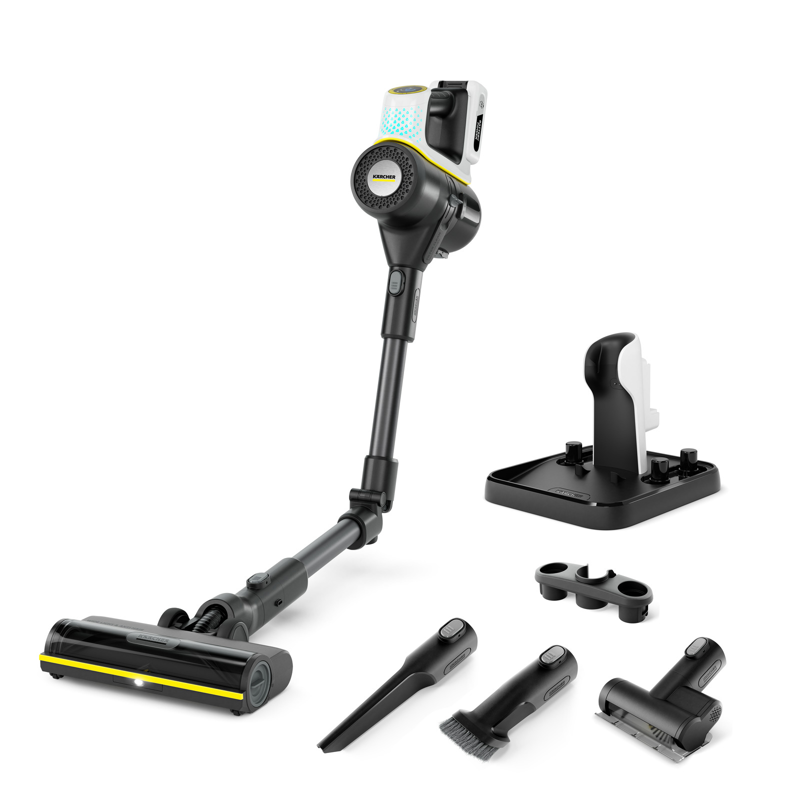 Kärcher cordless stick vacuum cleaner with detachable handheld unit, motorised floor nozzle, crevice tool, upholstery brush, adapter rings and wall mount on white background Kärcher cordless stick vacuum cleaner with detachable handheld unit, motorised floor nozzle, crevice tool, upholstery brush, adapter rings and wall mount on white background