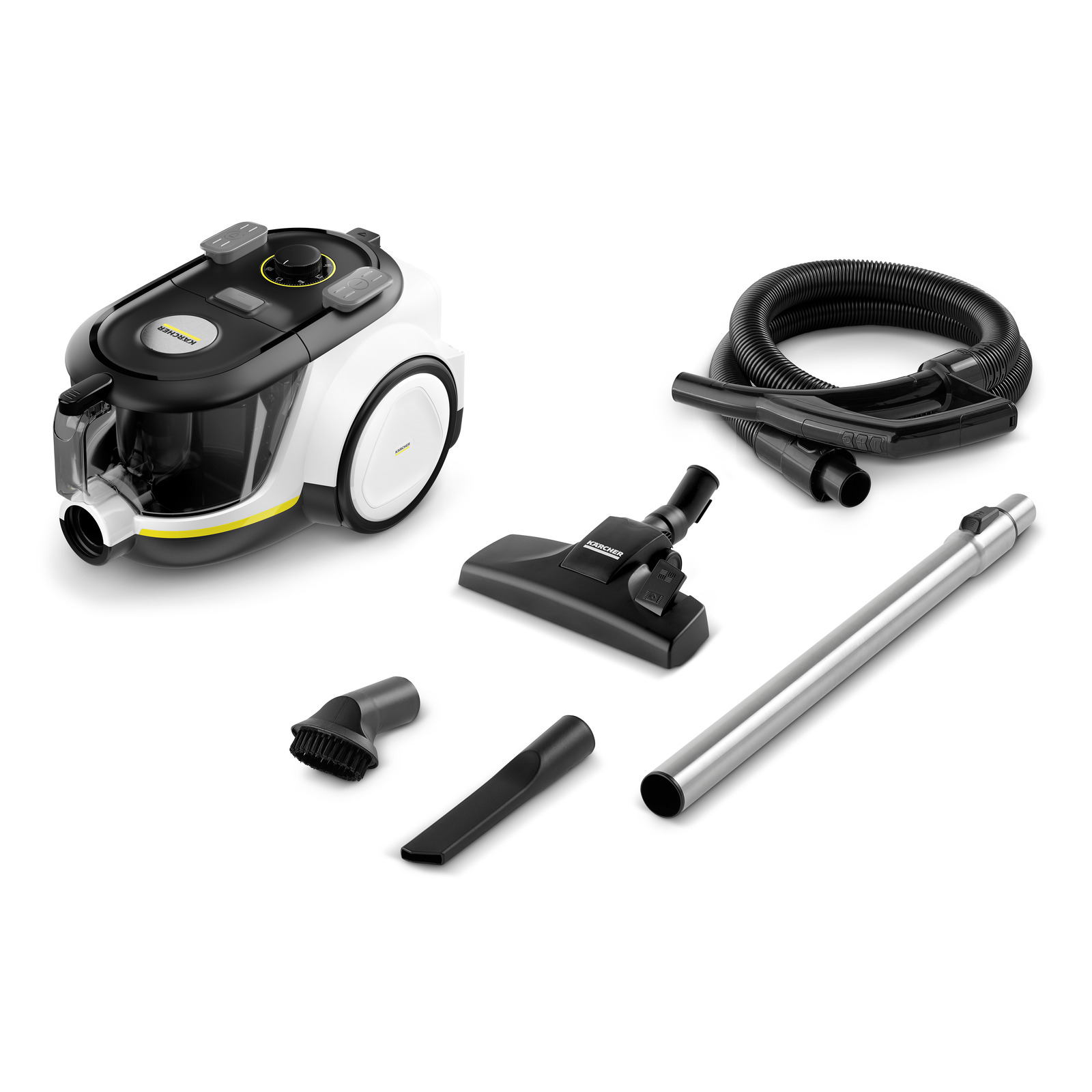Kärcher vacuum cleaner with hose, extension tube, floor nozzle, crevice tool, and brush attachment on a white background. Kärcher vacuum cleaner with hose, extension tube, floor nozzle, crevice tool, and brush attachment on a white background.