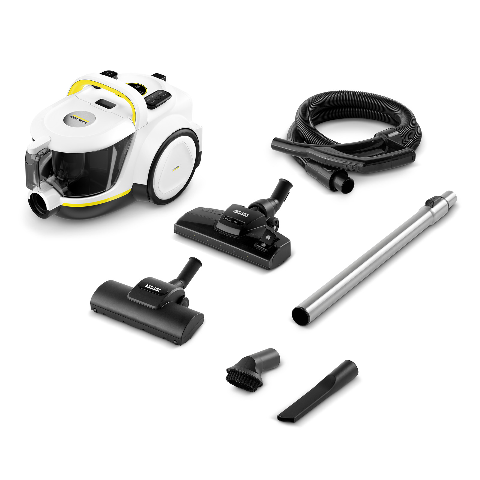 Kärcher vacuum cleaner with various attachments including hose, brush, nozzle, and extension tube, all on a white background.