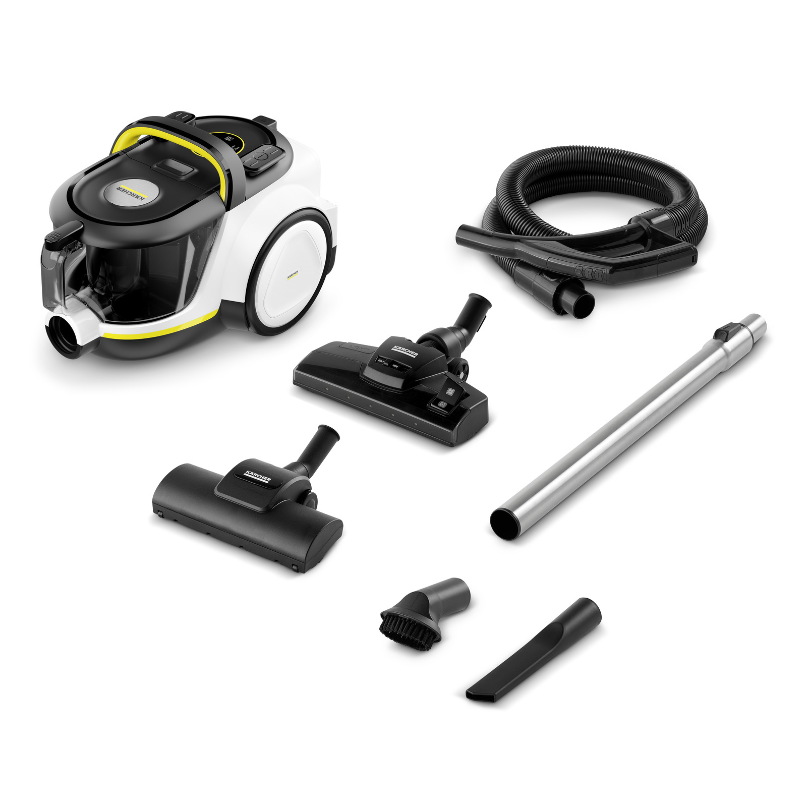 Kärcher vacuum cleaner with hose, extension tube, and various attachments on a white background.