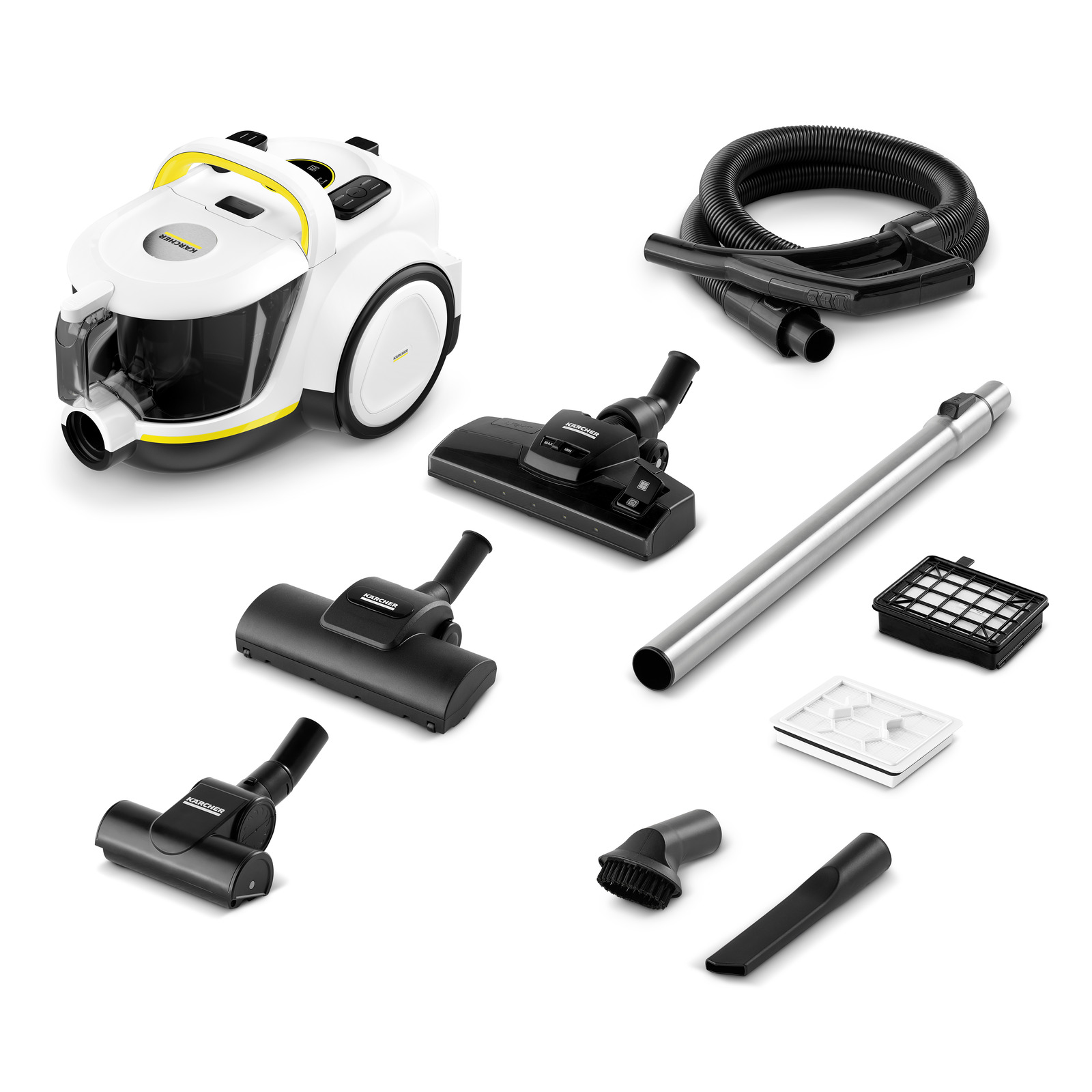 Kärcher vacuum cleaner with various attachments, including hoses, brushes, and filters, arranged on a white background.