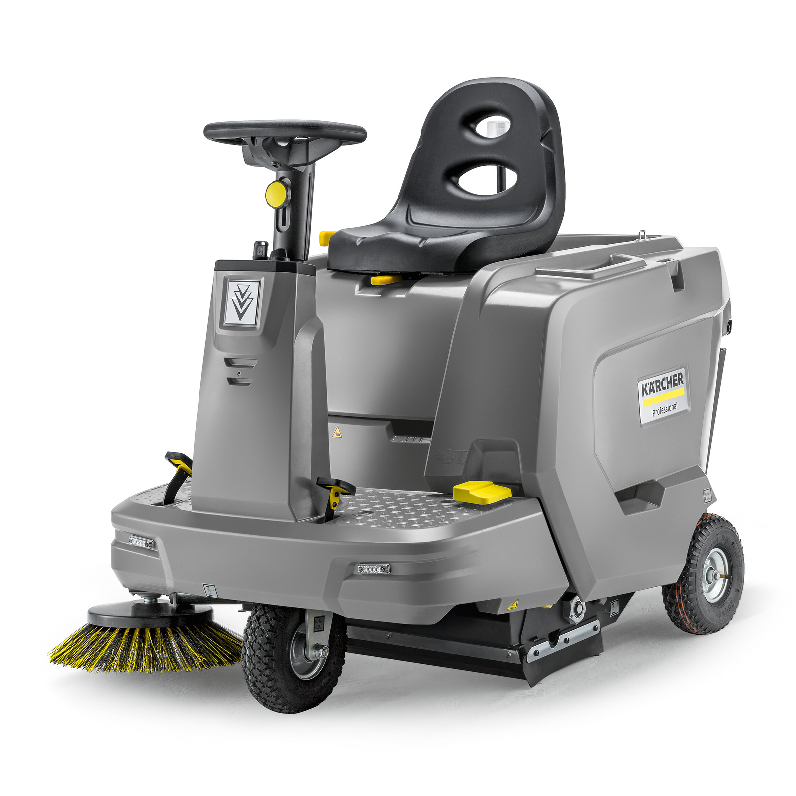 Kärcher ride-on floor sweeper with a steering wheel, seat, and visible rotating brush, designed for professional cleaning. Kärcher ride-on floor sweeper with a steering wheel, seat, and visible rotating brush, designed for professional cleaning.