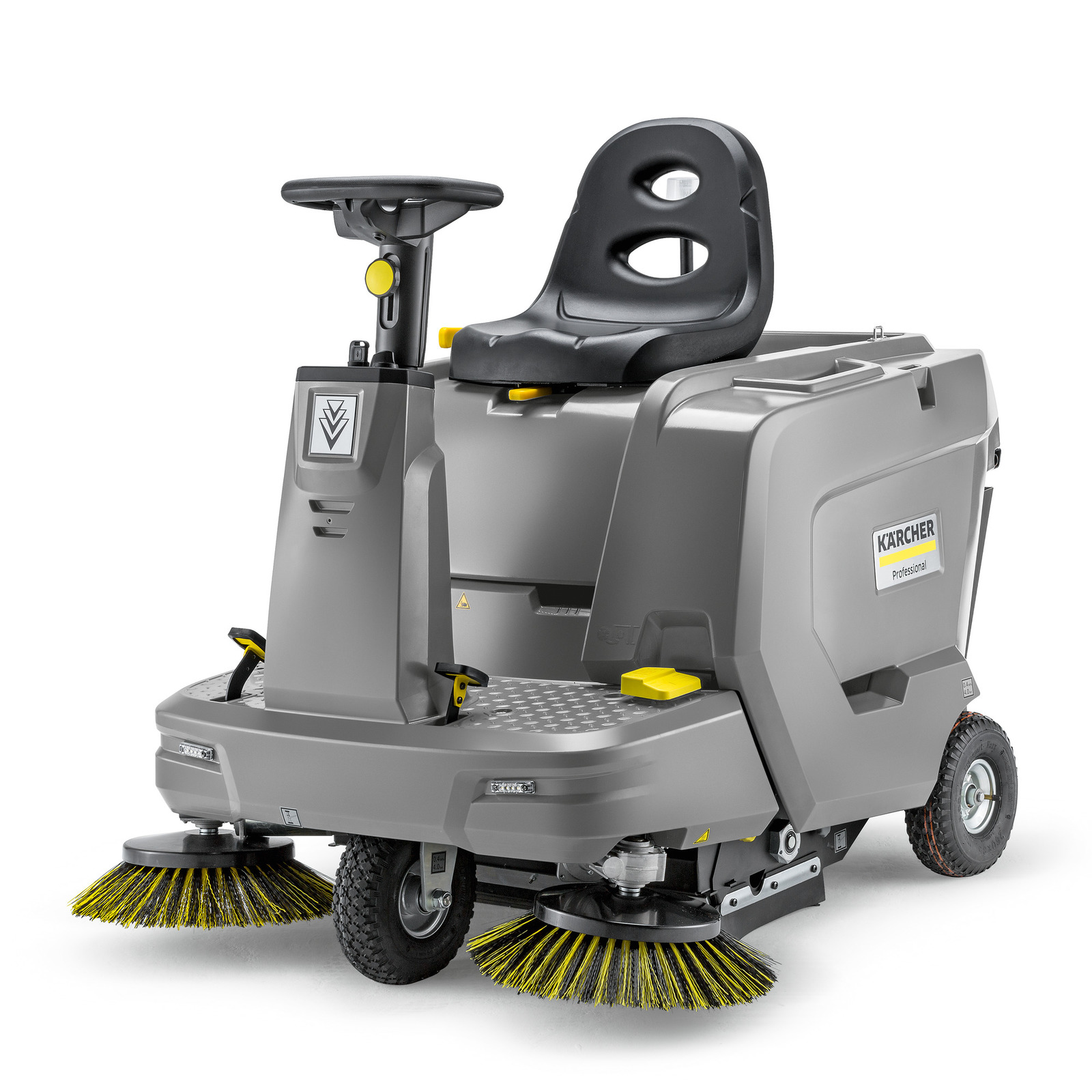 Kärcher ride-on floor sweeper with dual rotating brushes, grey body, and black seat, designed for professional cleaning.