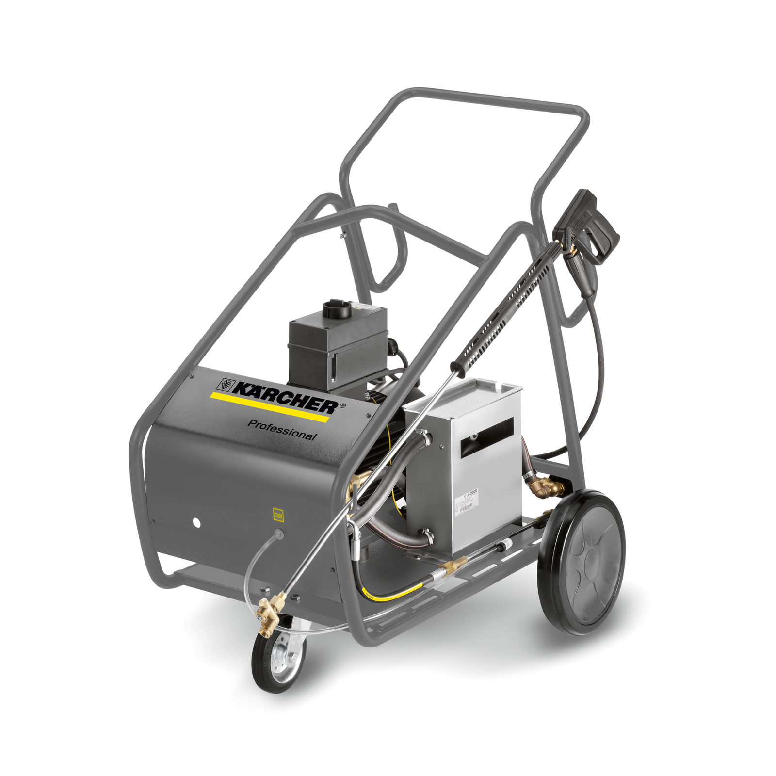 Kärcher professional high-pressure cleaner with wheels and handle, featuring a spray gun and hose attachment.