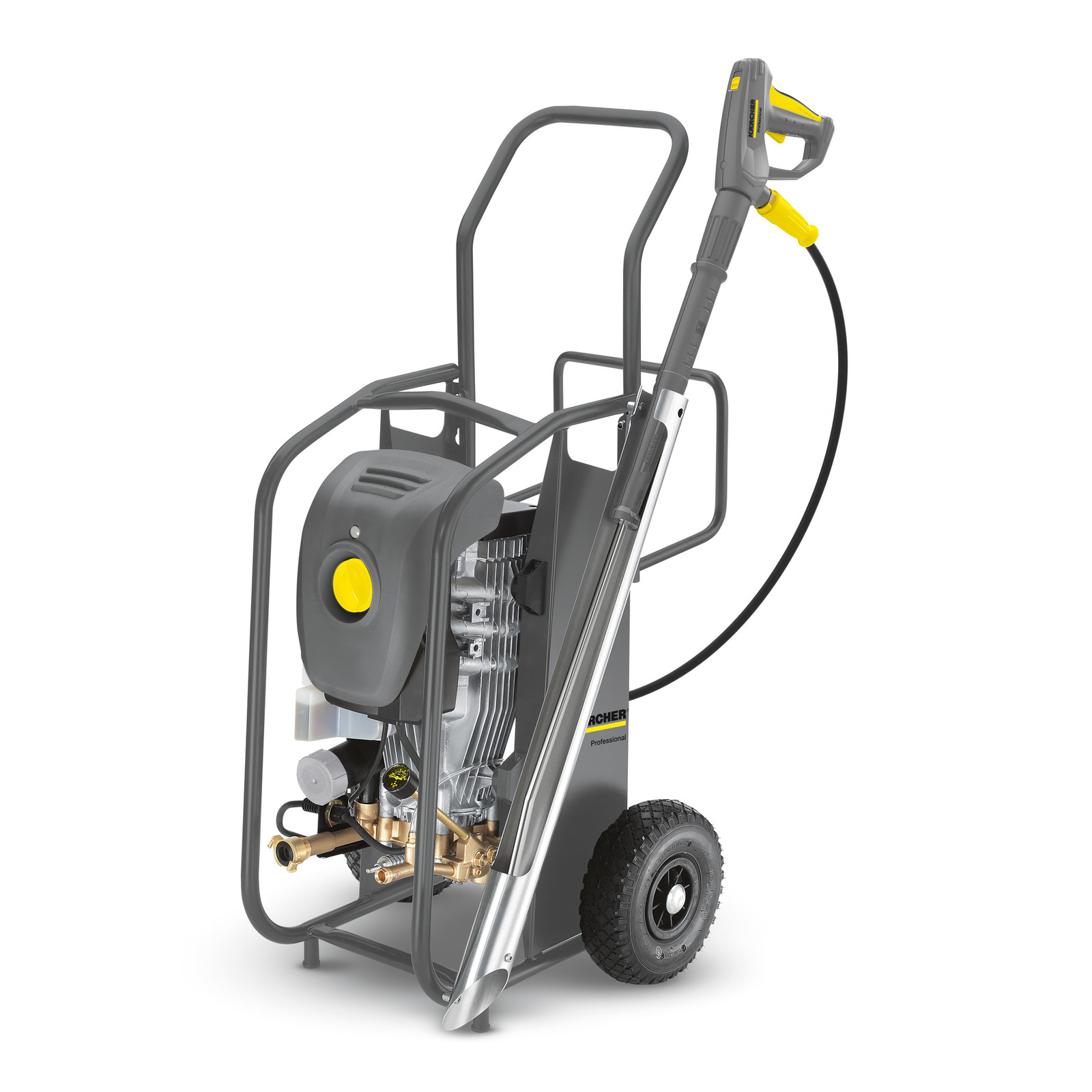 Kärcher high-pressure cleaner with a metal frame, large wheels, and a long nozzle.