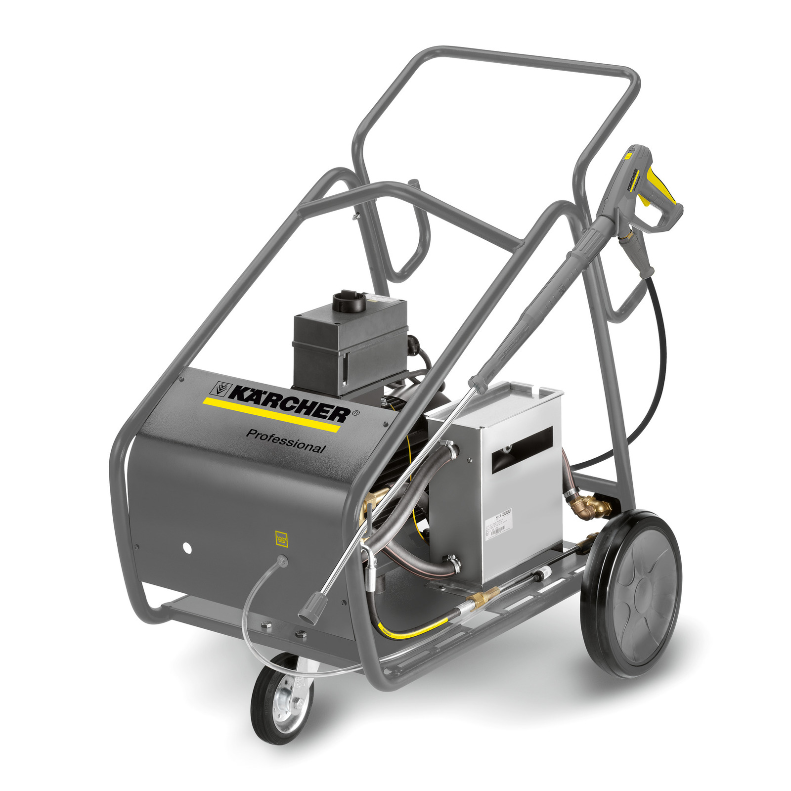 Kärcher professional high-pressure cleaner with grey frame, wheels, and attached spray gun. Kärcher professional high-pressure cleaner with grey frame, wheels, and attached spray gun.