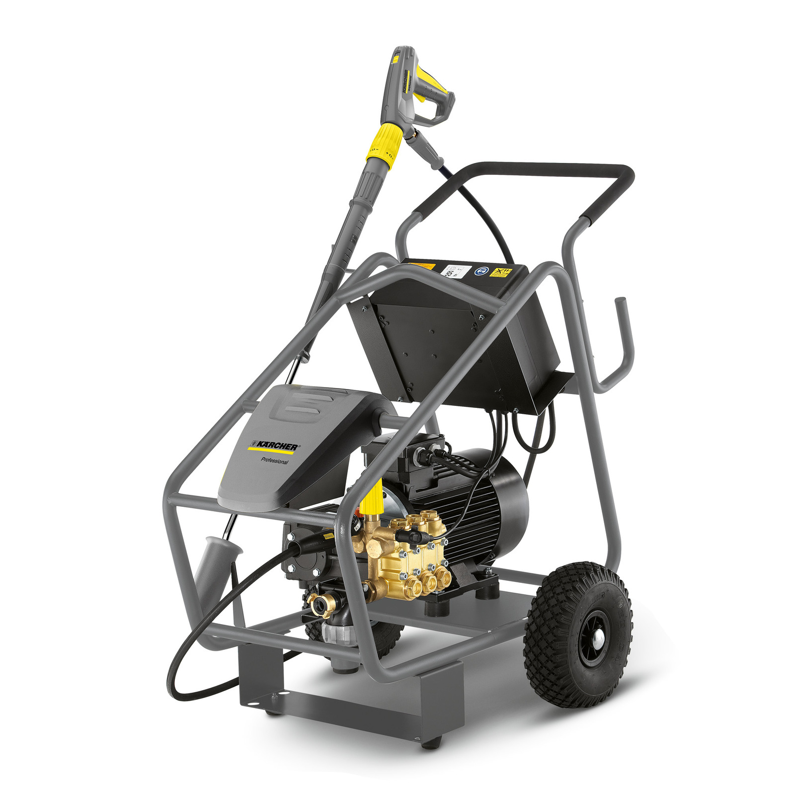 Kärcher high-pressure cleaner with a grey frame, black wheels, and a yellow handle, featuring a visible pump and motor.