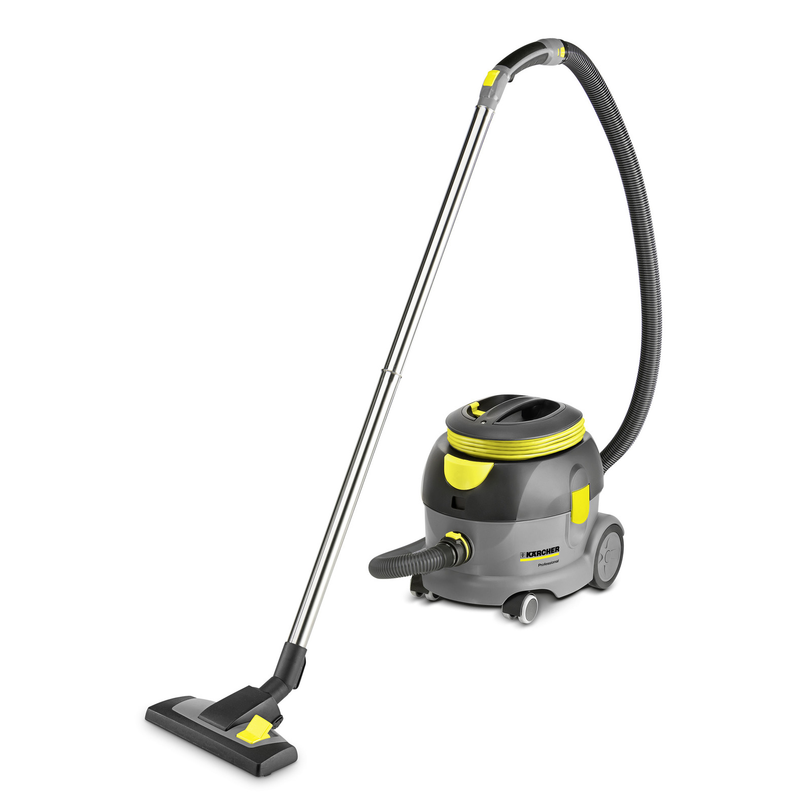 Kärcher vacuum cleaner with a long hose and metal tube, featuring a grey and yellow design on a white background.