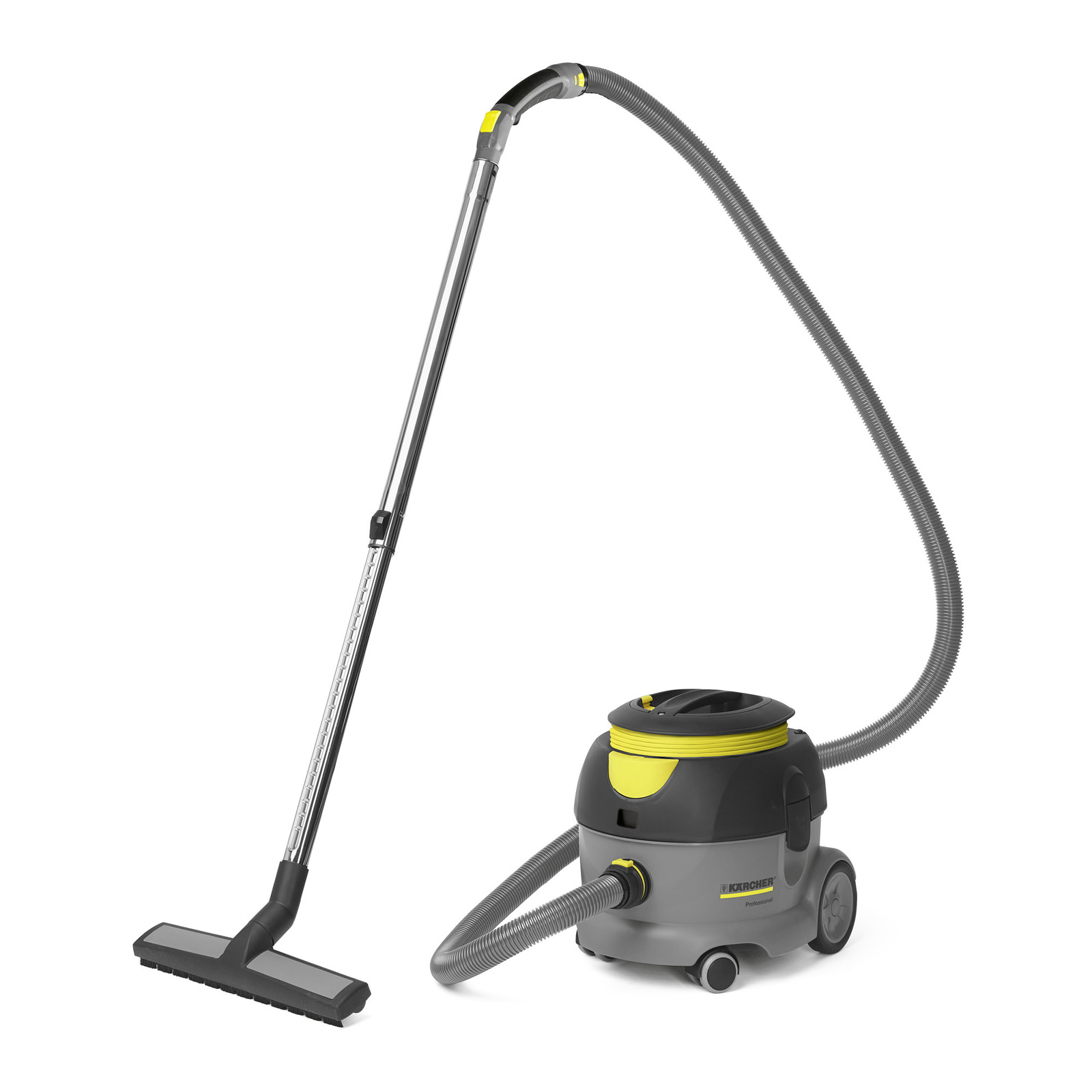 Aspirator Kärcher cu design gri și galben, tub lung și perie pentru podea, pe fundal alb. Aspirator Kärcher cu design gri și galben, tub lung și perie pentru podea, pe fundal alb.