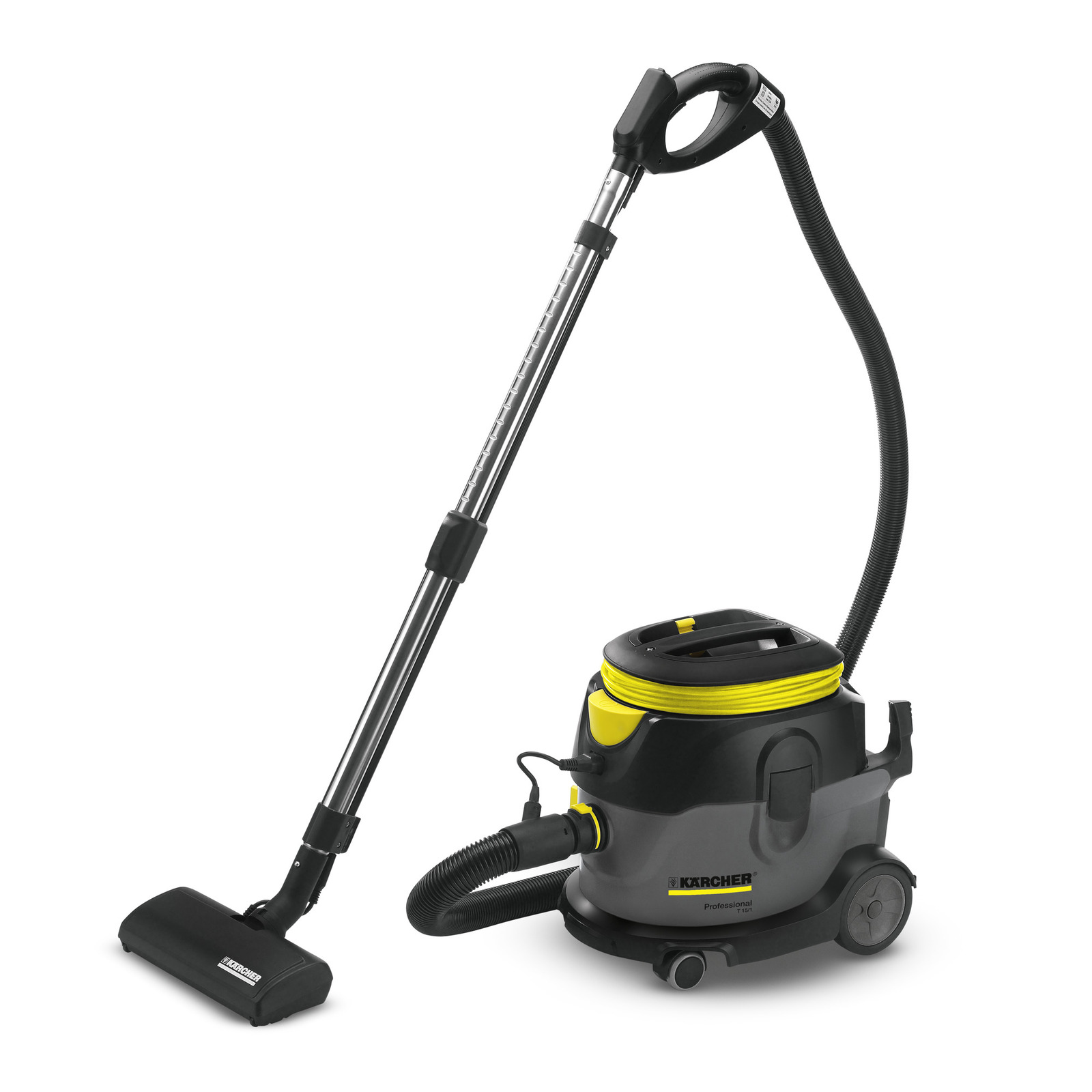 Aspirator Kärcher cu tub telescopic și furtun flexibil, design negru și galben, pe roți.