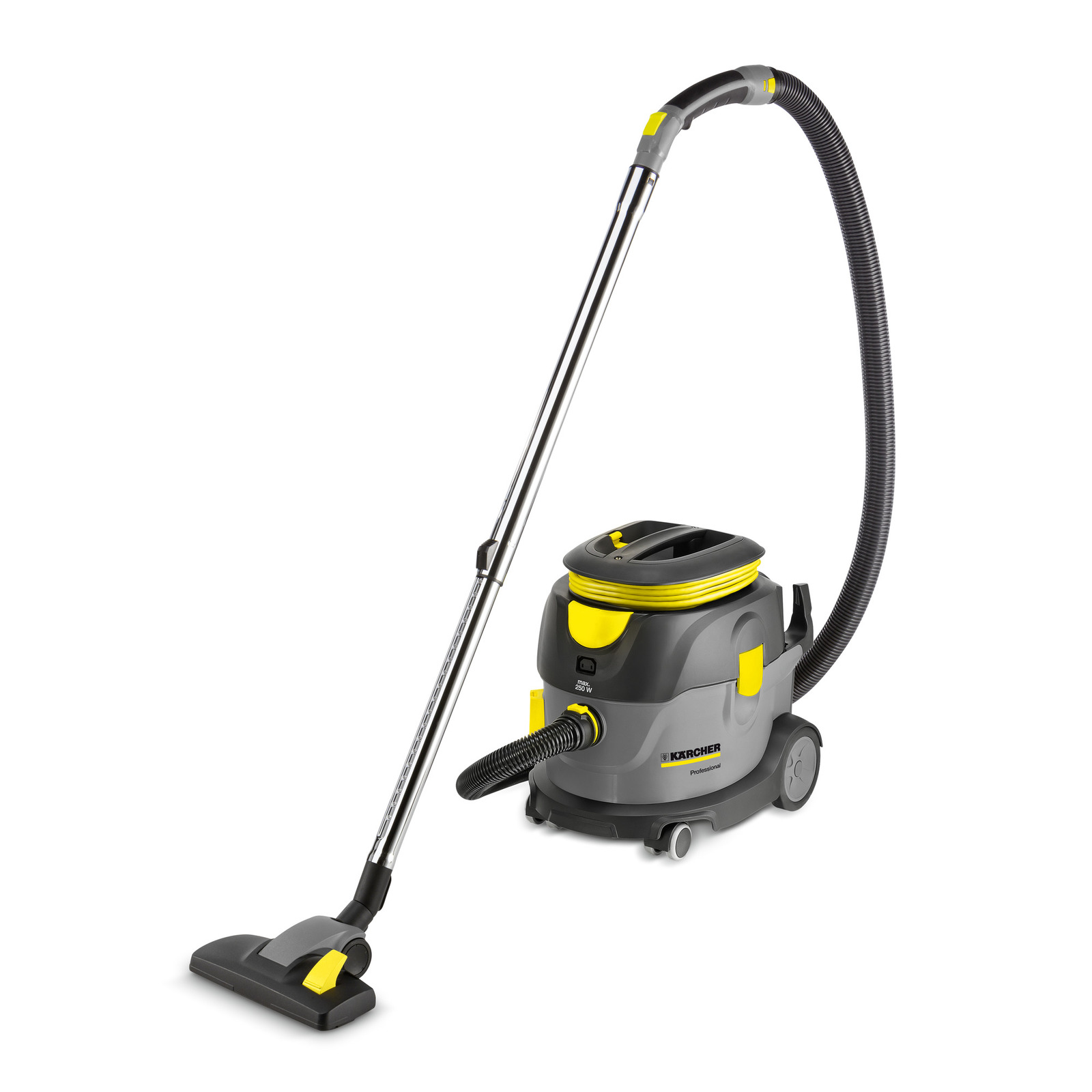 Kärcher professional vacuum cleaner with a grey and yellow design, featuring a long hose and metal extension tube.