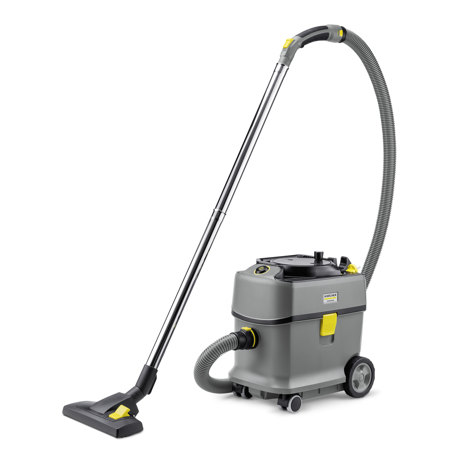 Kärcher wet and dry vacuum cleaner with a grey body, black hose, and yellow accents, on wheels.