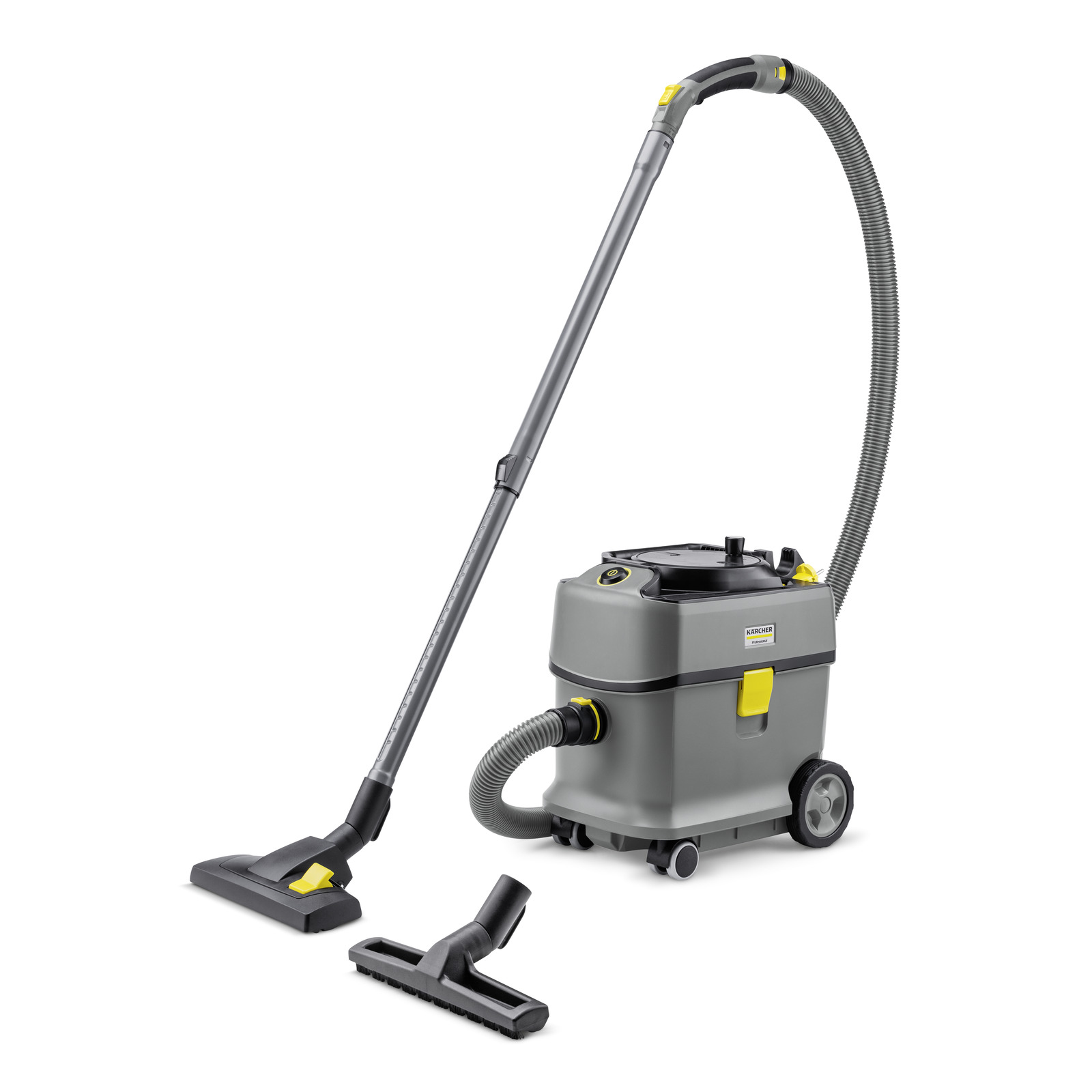 Kärcher wet and dry vacuum cleaner with hose, floor nozzle, and brush attachment on a white background.