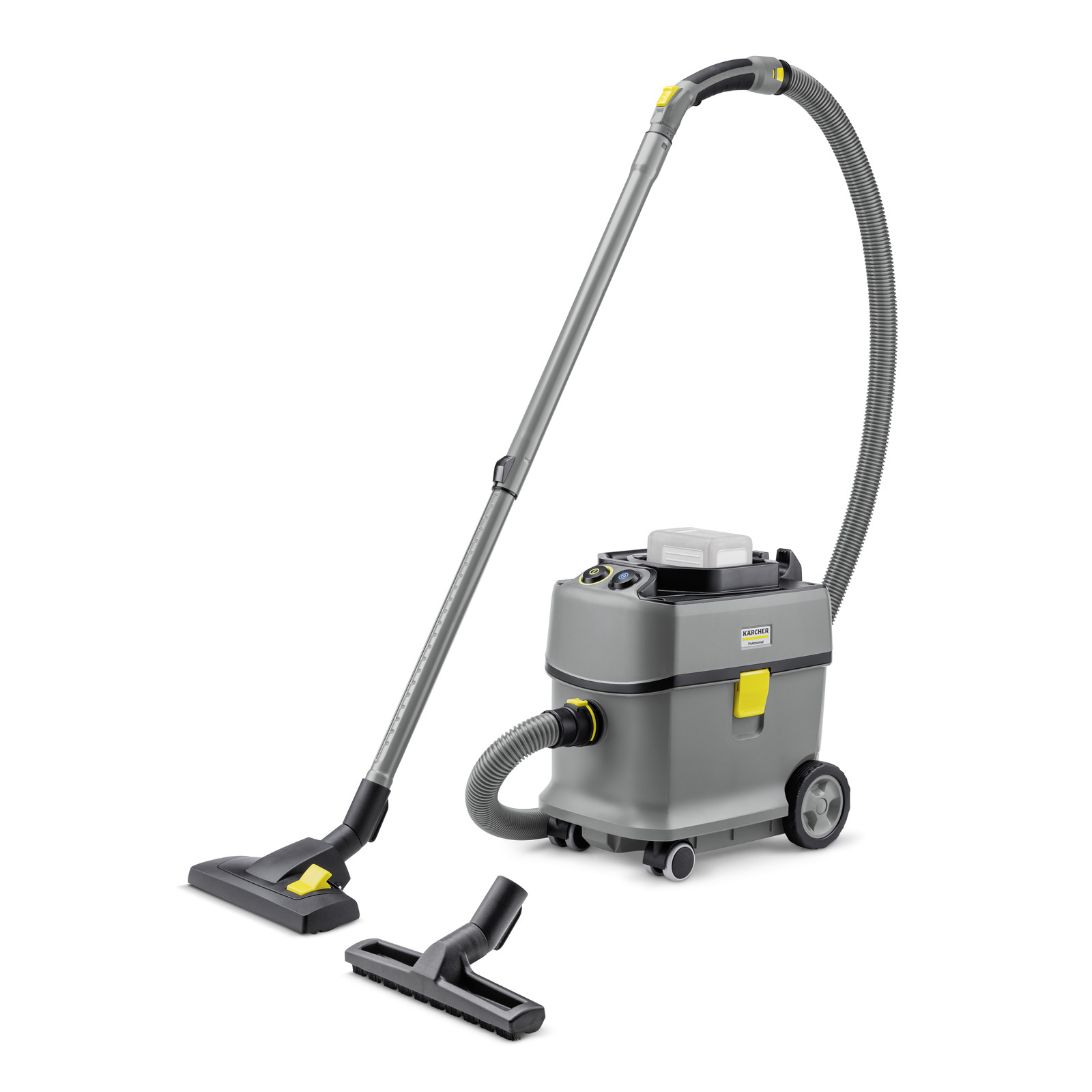 Kärcher wet and dry vacuum cleaner with grey body, long hose, and two interchangeable floor nozzles.