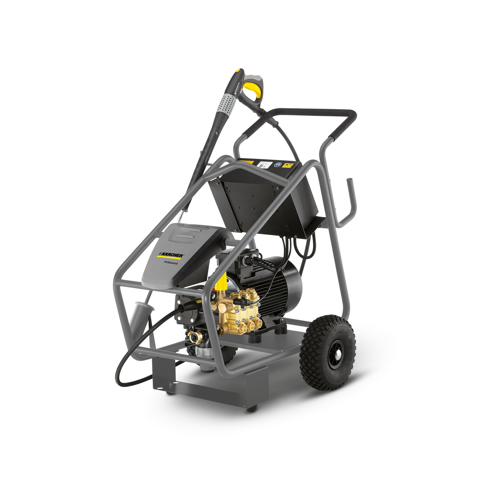 Kärcher high-pressure cleaner with wheels, grey frame, and black handle, featuring a brass pump and motor.
