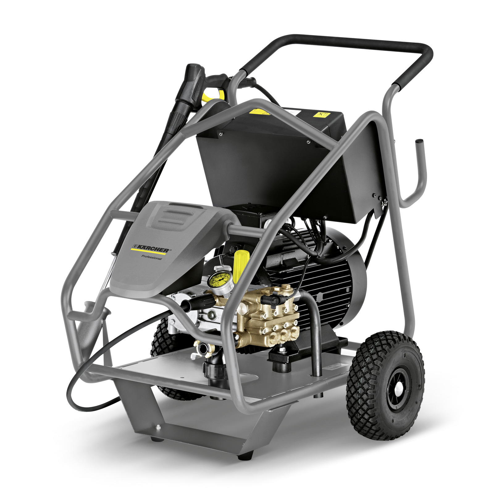 Kärcher high-pressure cleaner with wheels and handle, featuring a robust frame and visible motor components. Kärcher high-pressure cleaner with wheels and handle, featuring a robust frame and visible motor components.